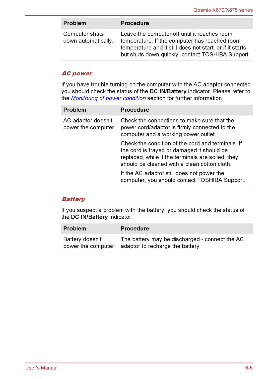 Toshiba X870, X875 user manual Problem Procedure, AC power, Battery 