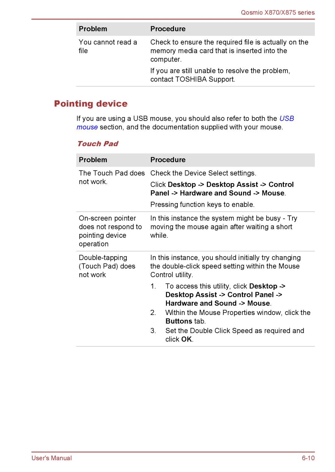 Toshiba X875, X870 user manual Pointing device, Touch Pad 