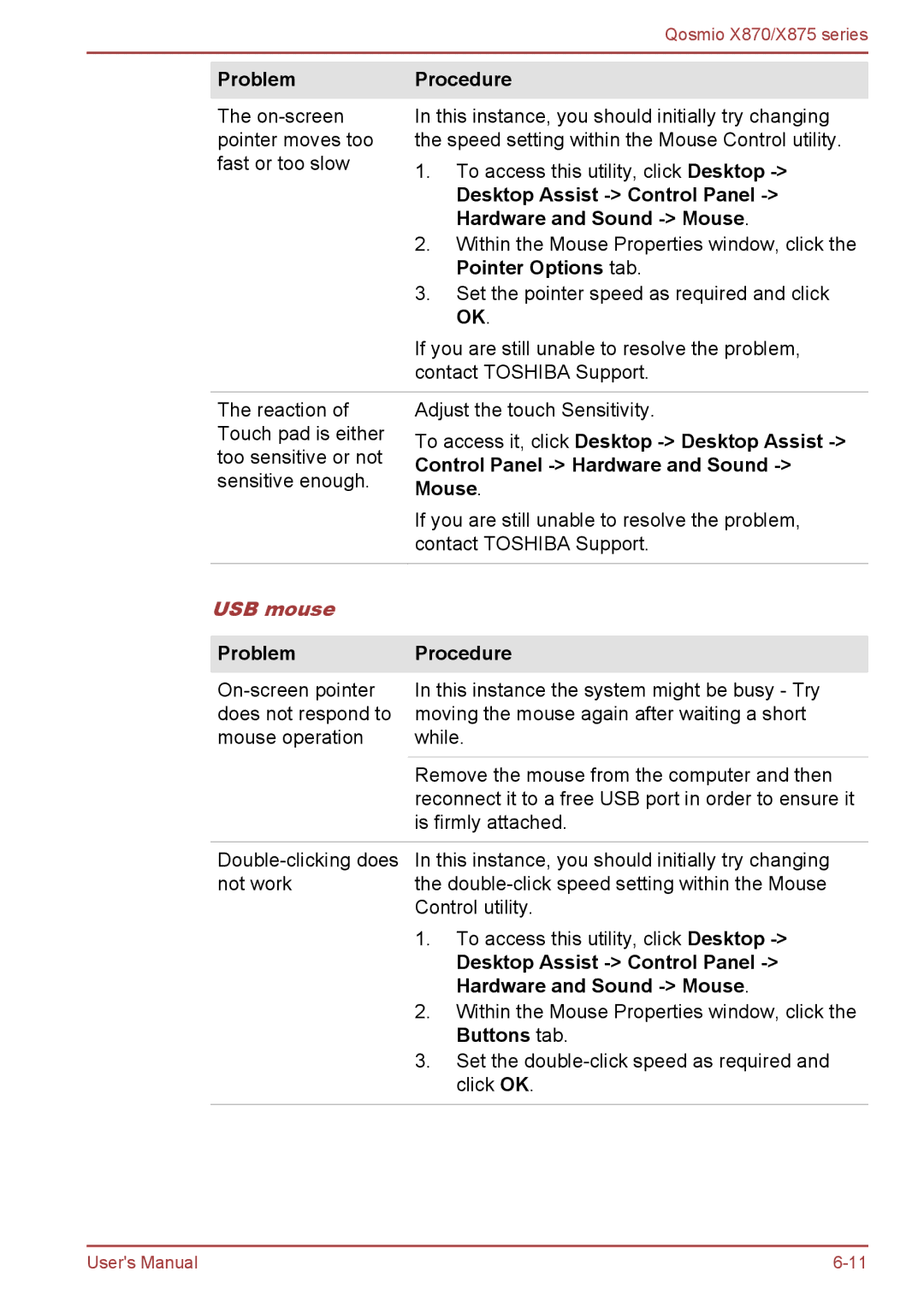 Toshiba X870, X875 user manual USB mouse 