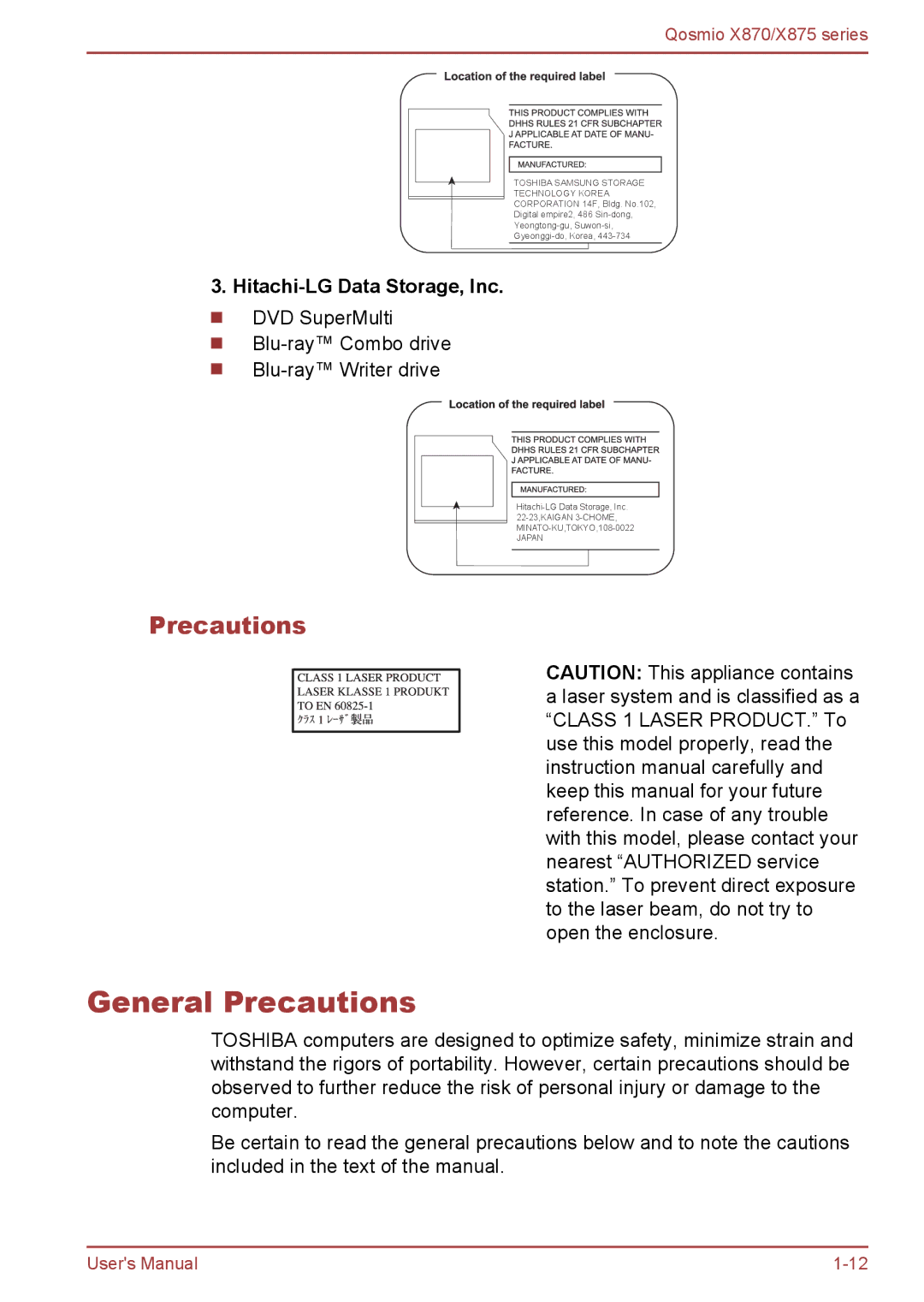 Toshiba X870, X875 user manual General Precautions, Hitachi-LG Data Storage, Inc 