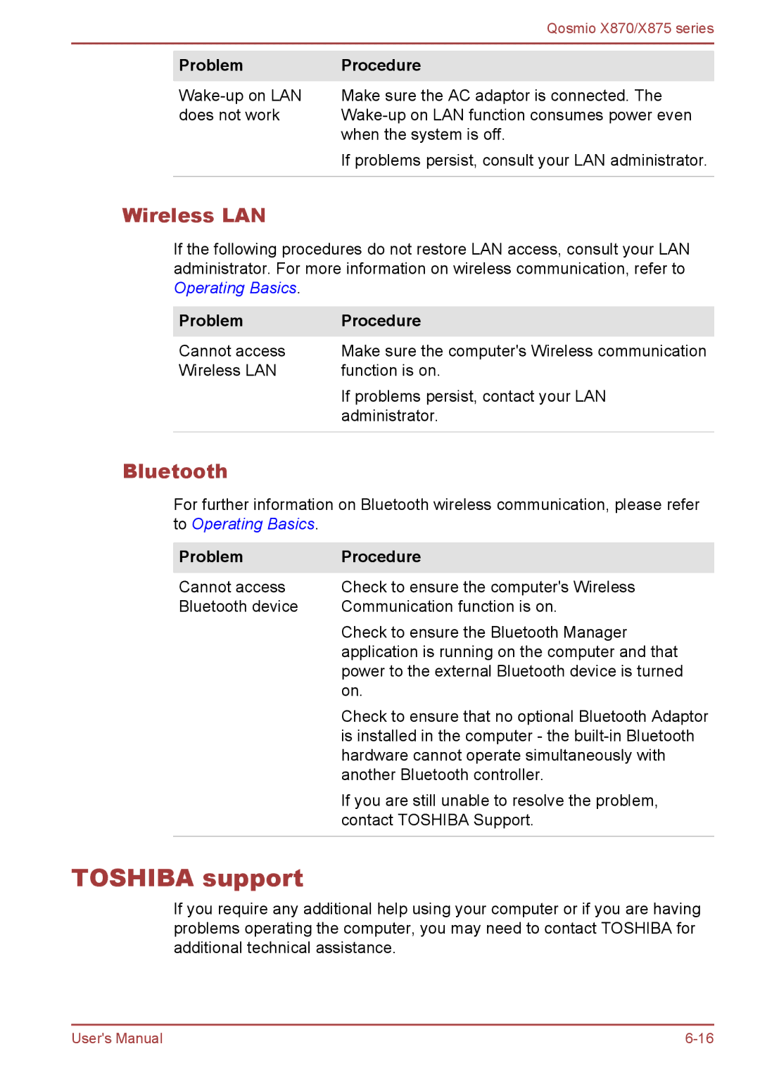 Toshiba X875, X870 user manual Toshiba support, Bluetooth 