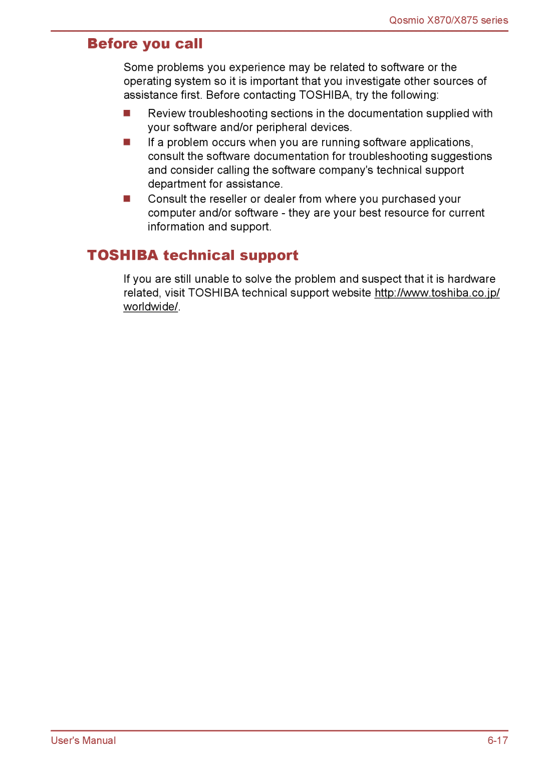 Toshiba X870, X875 user manual Before you call, Toshiba technical support 