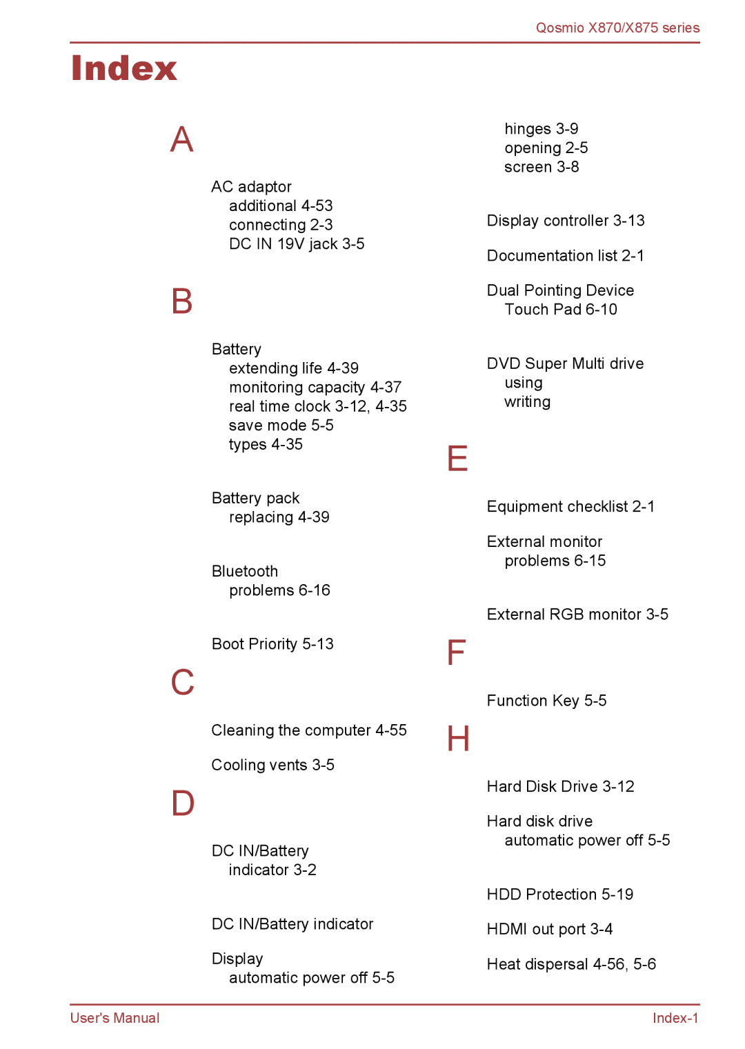 Toshiba X875, X870 user manual Index 