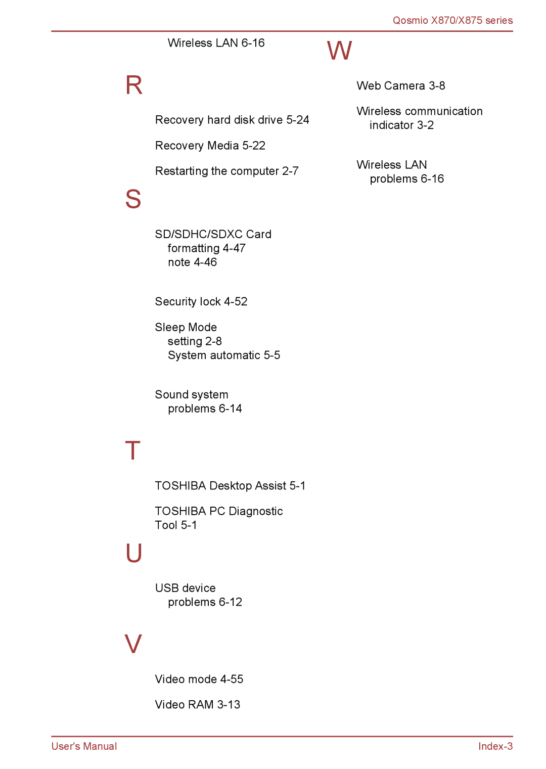 Toshiba X875, X870 user manual Wireless LAN Web Camera Recovery hard disk drive 