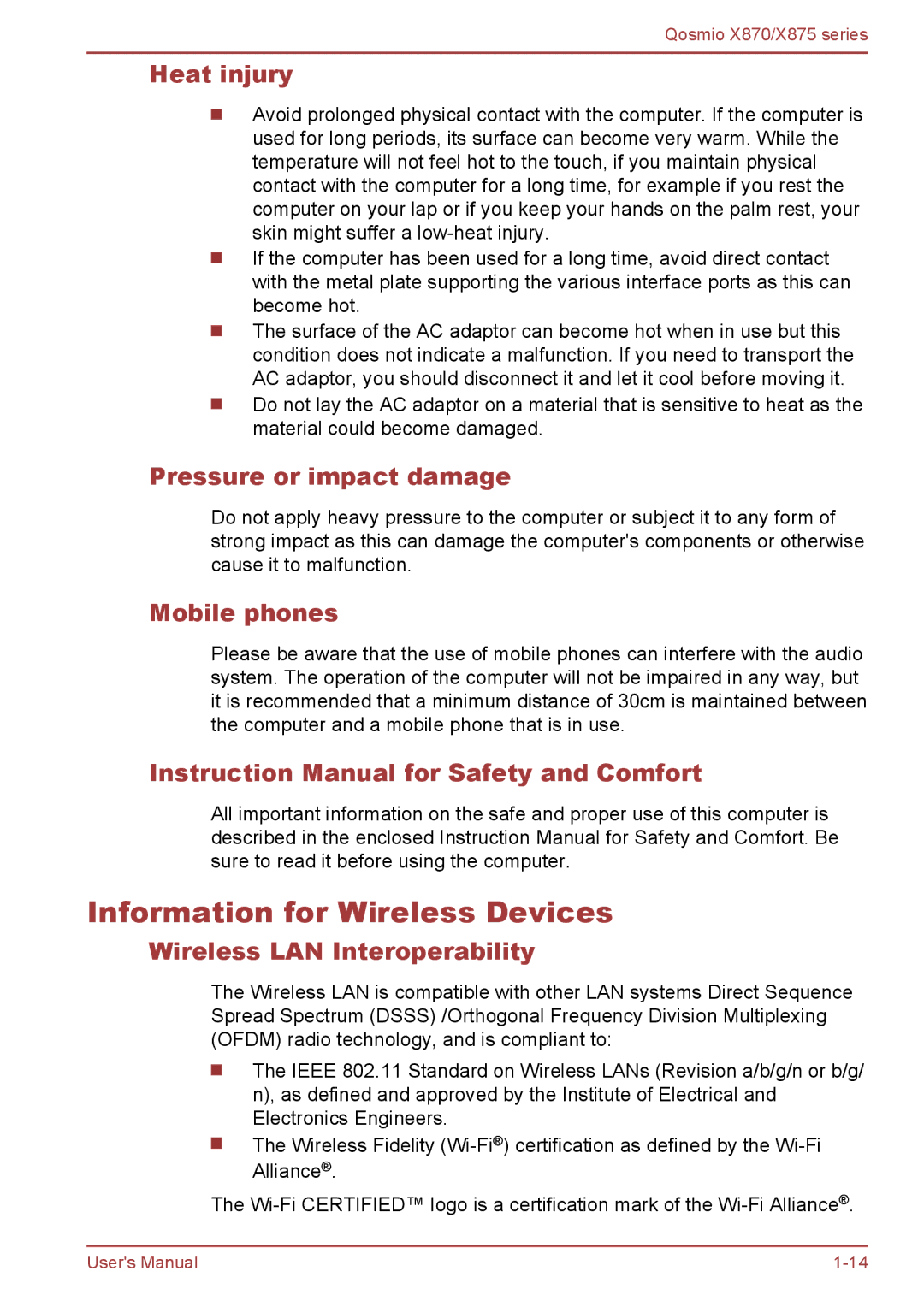 Toshiba X870, X875 user manual Information for Wireless Devices, Heat injury, Pressure or impact damage, Mobile phones 