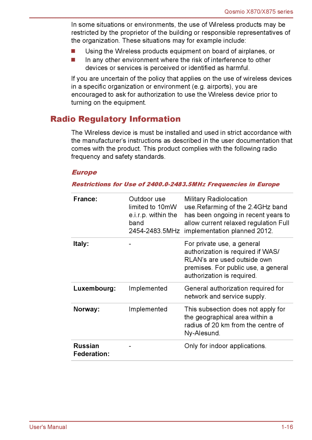 Toshiba X870, X875 user manual Radio Regulatory Information, Europe 