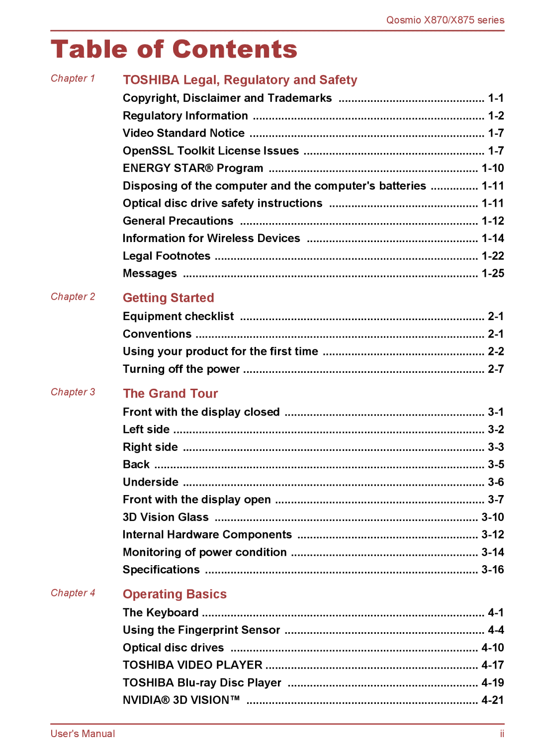 Toshiba X875, X870 user manual Table of Contents 