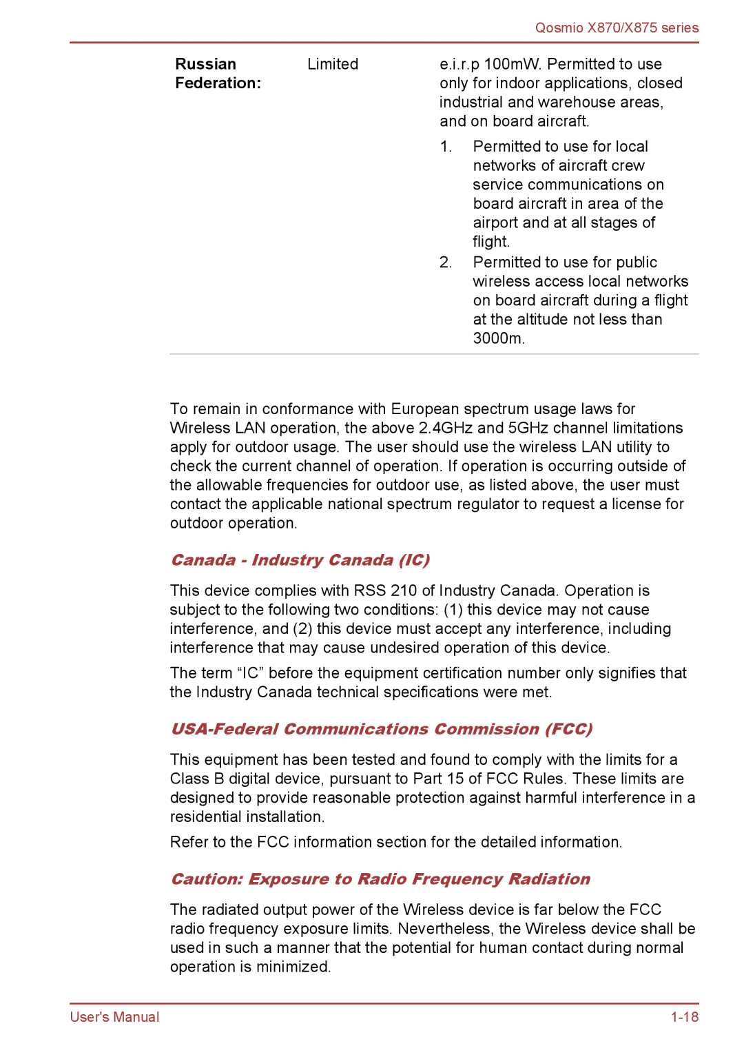 Toshiba X870, X875 user manual Canada Industry Canada IC, USA-Federal Communications Commission FCC 