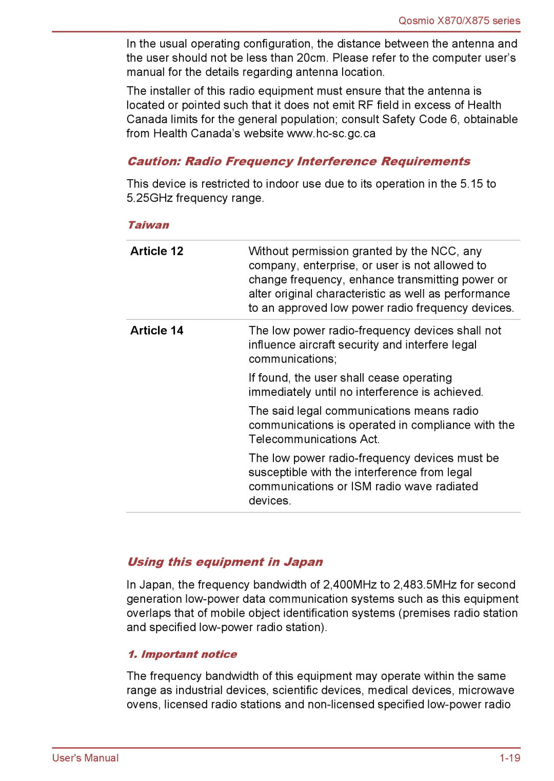 Toshiba X875, X870 user manual Article, Using this equipment in Japan 