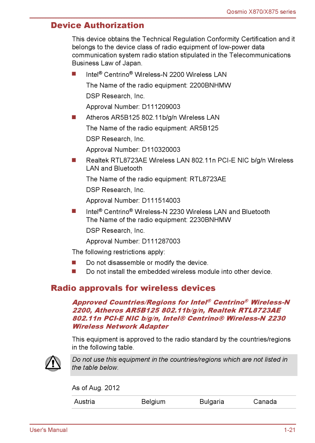 Toshiba X875, X870 user manual Device Authorization, Radio approvals for wireless devices 