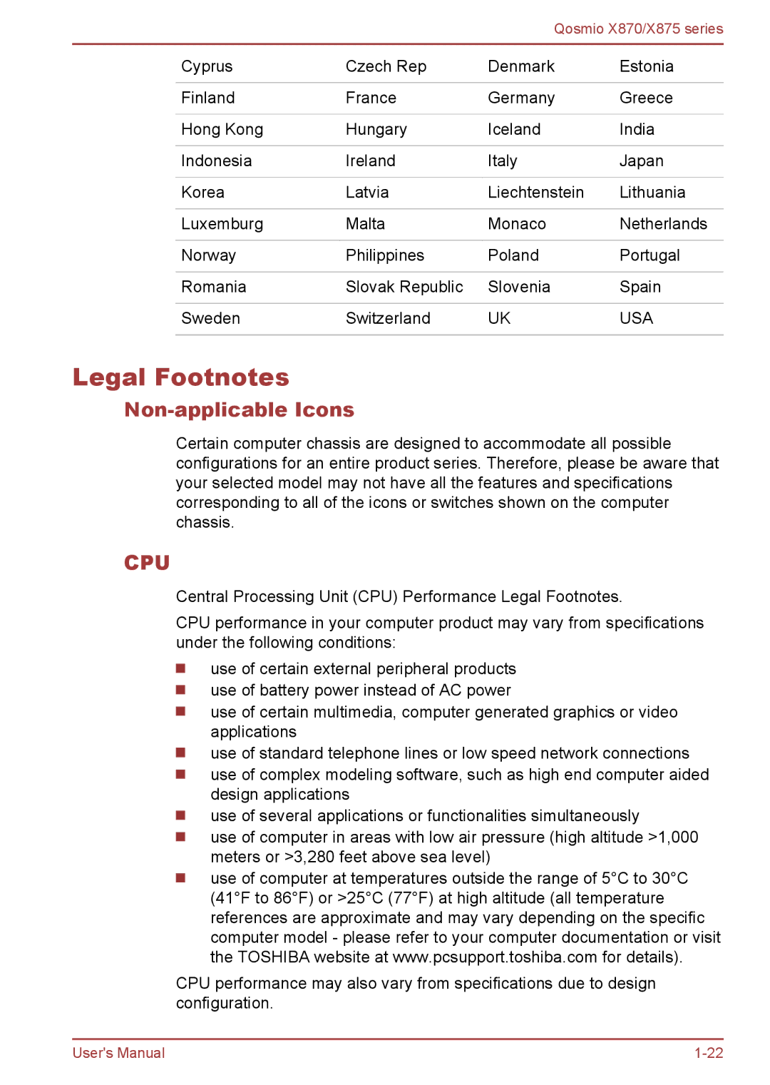 Toshiba X870, X875 user manual Legal Footnotes, Non-applicable Icons 