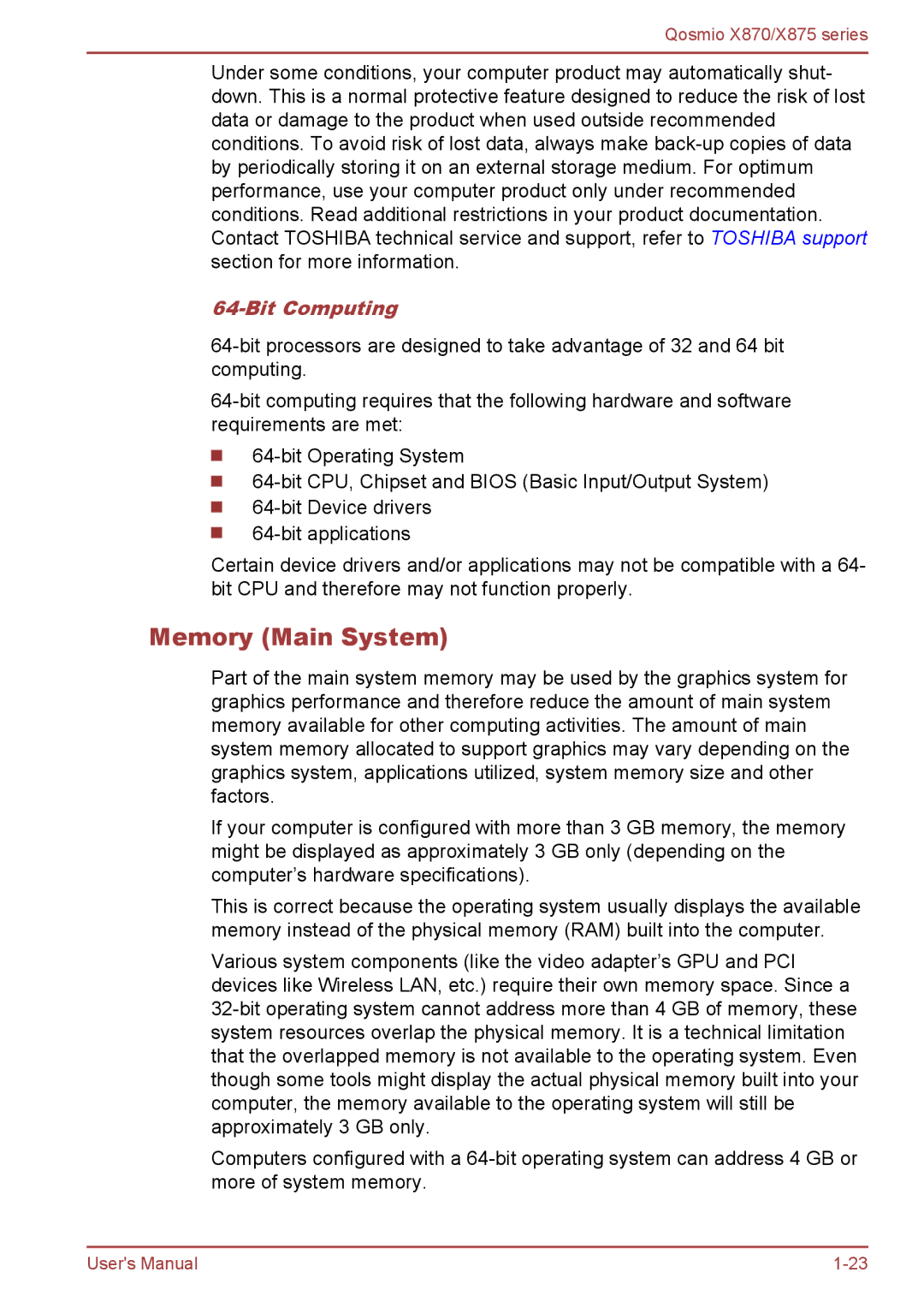 Toshiba X875, X870 user manual Memory Main System, Bit Computing 