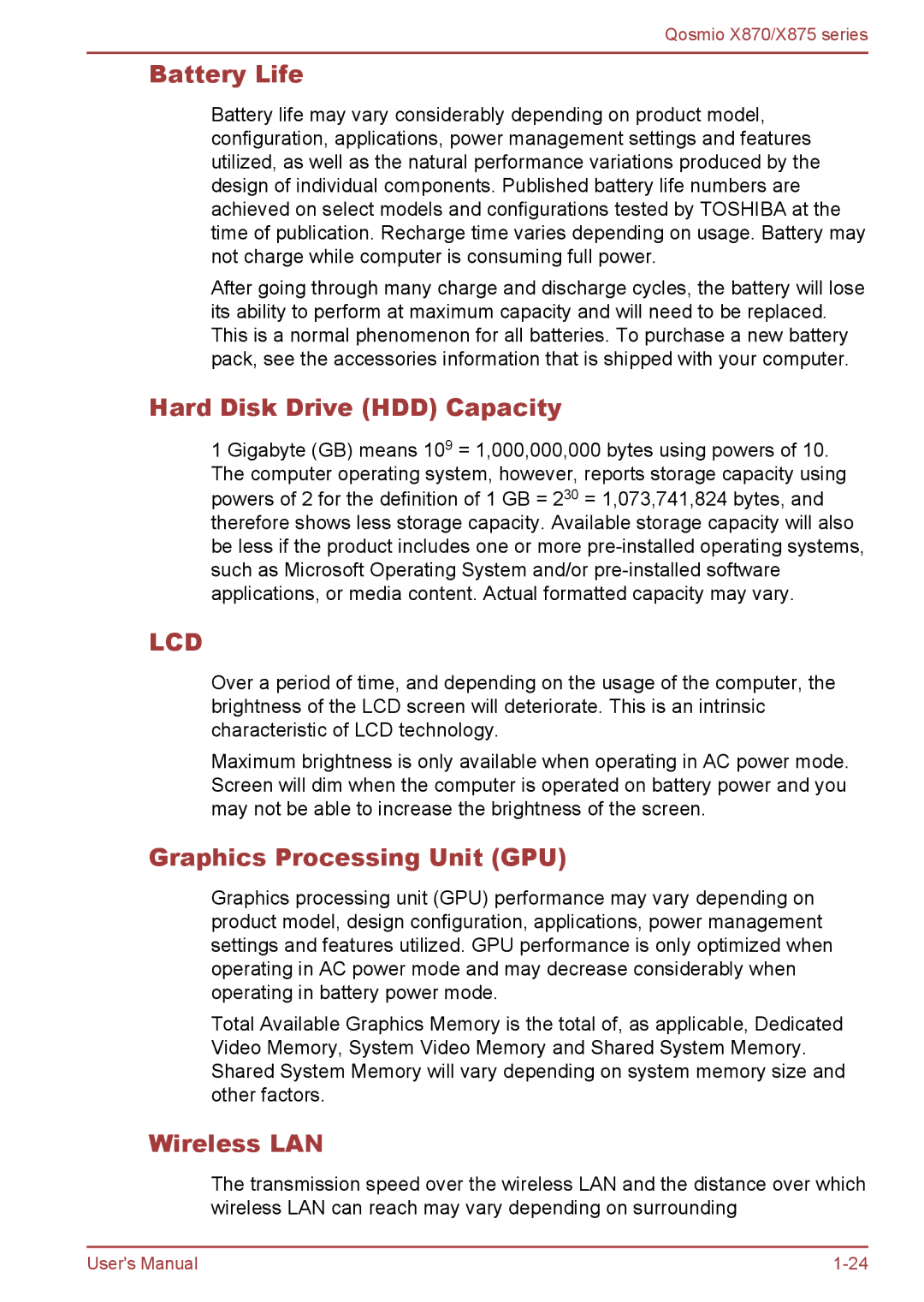 Toshiba X870, X875 user manual Battery Life, Hard Disk Drive HDD Capacity, Graphics Processing Unit GPU, Wireless LAN 
