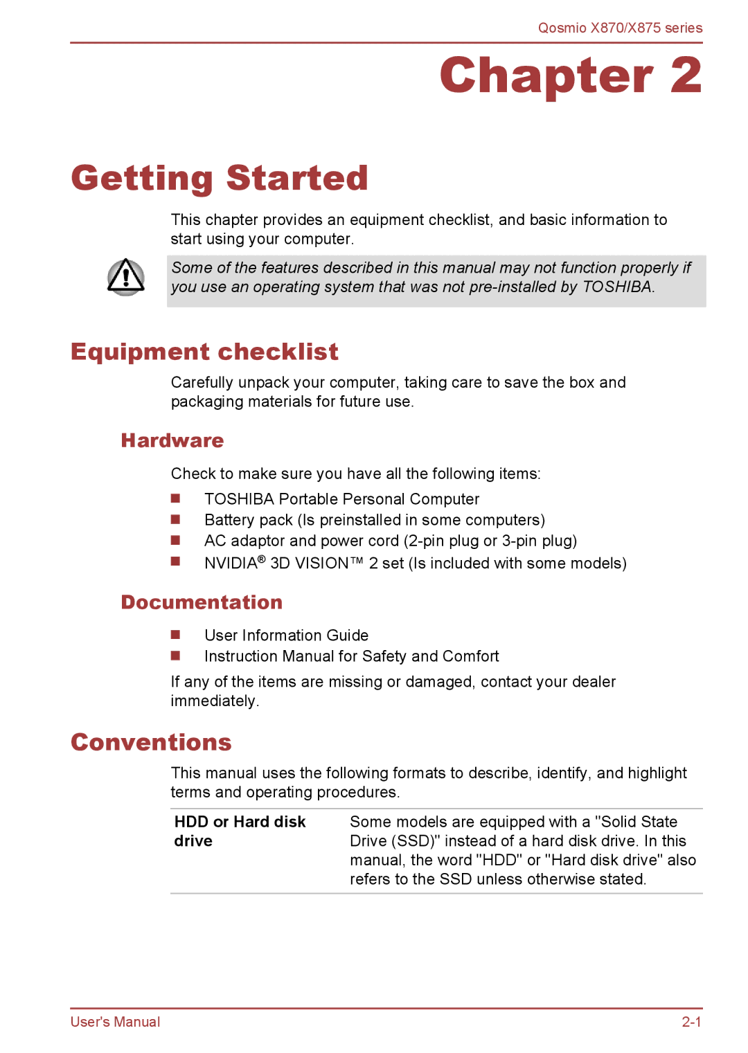 Toshiba X870, X875 user manual Equipment checklist, Conventions, Hardware, Documentation 