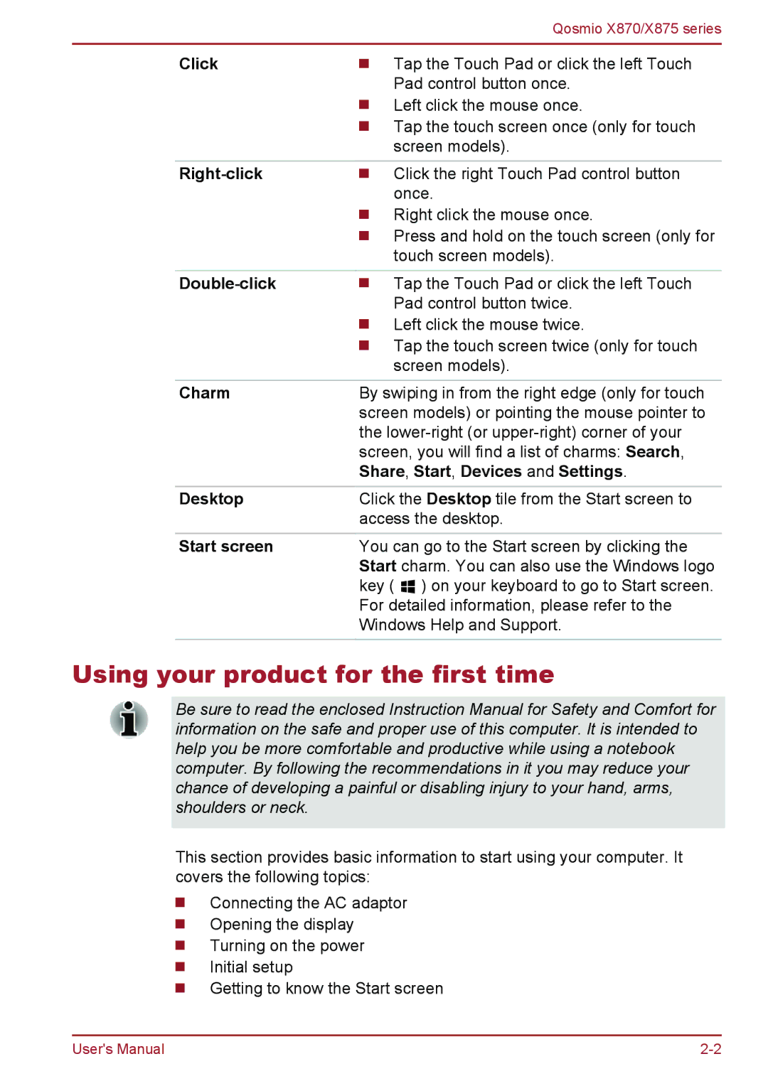 Toshiba X875, X870 user manual Using your product for the first time 