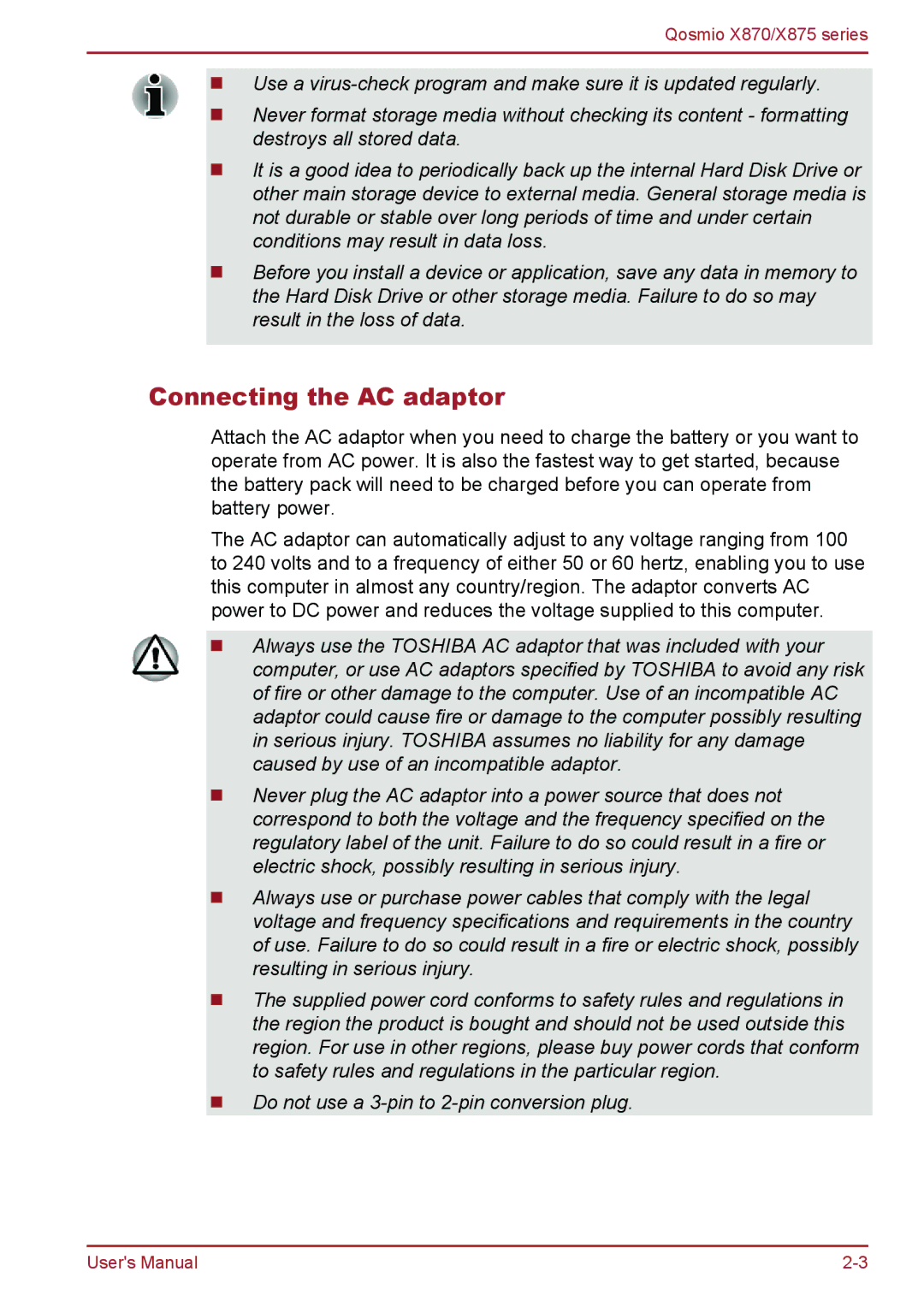 Toshiba X870, X875 user manual Connecting the AC adaptor 