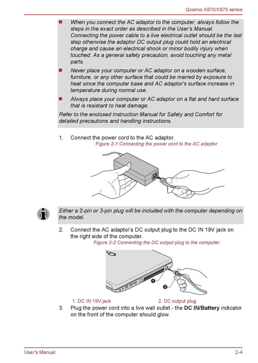 Toshiba X875, X870 user manual Connect the power cord to the AC adaptor 