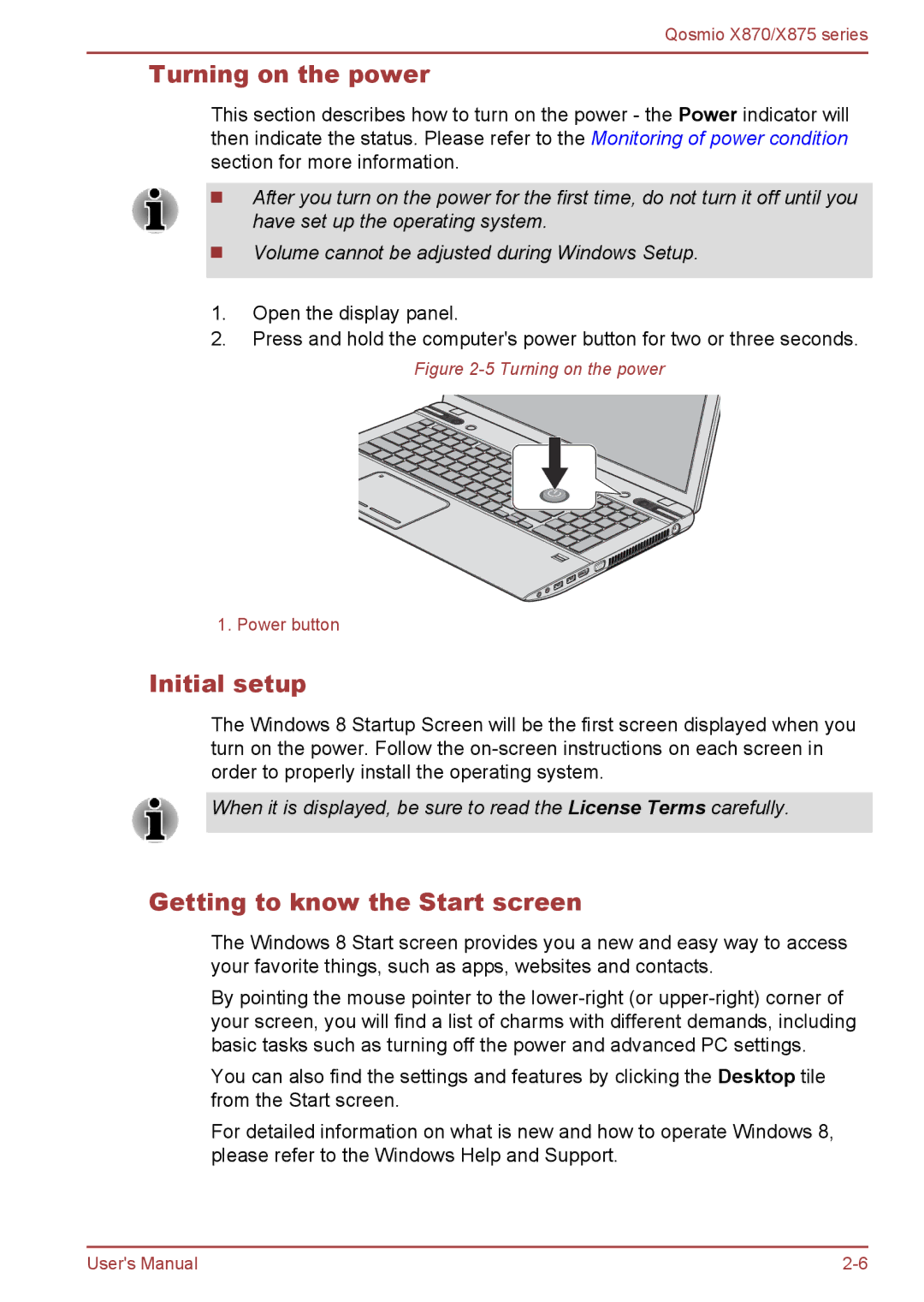 Toshiba X875, X870 user manual Turning on the power, Initial setup, Getting to know the Start screen 