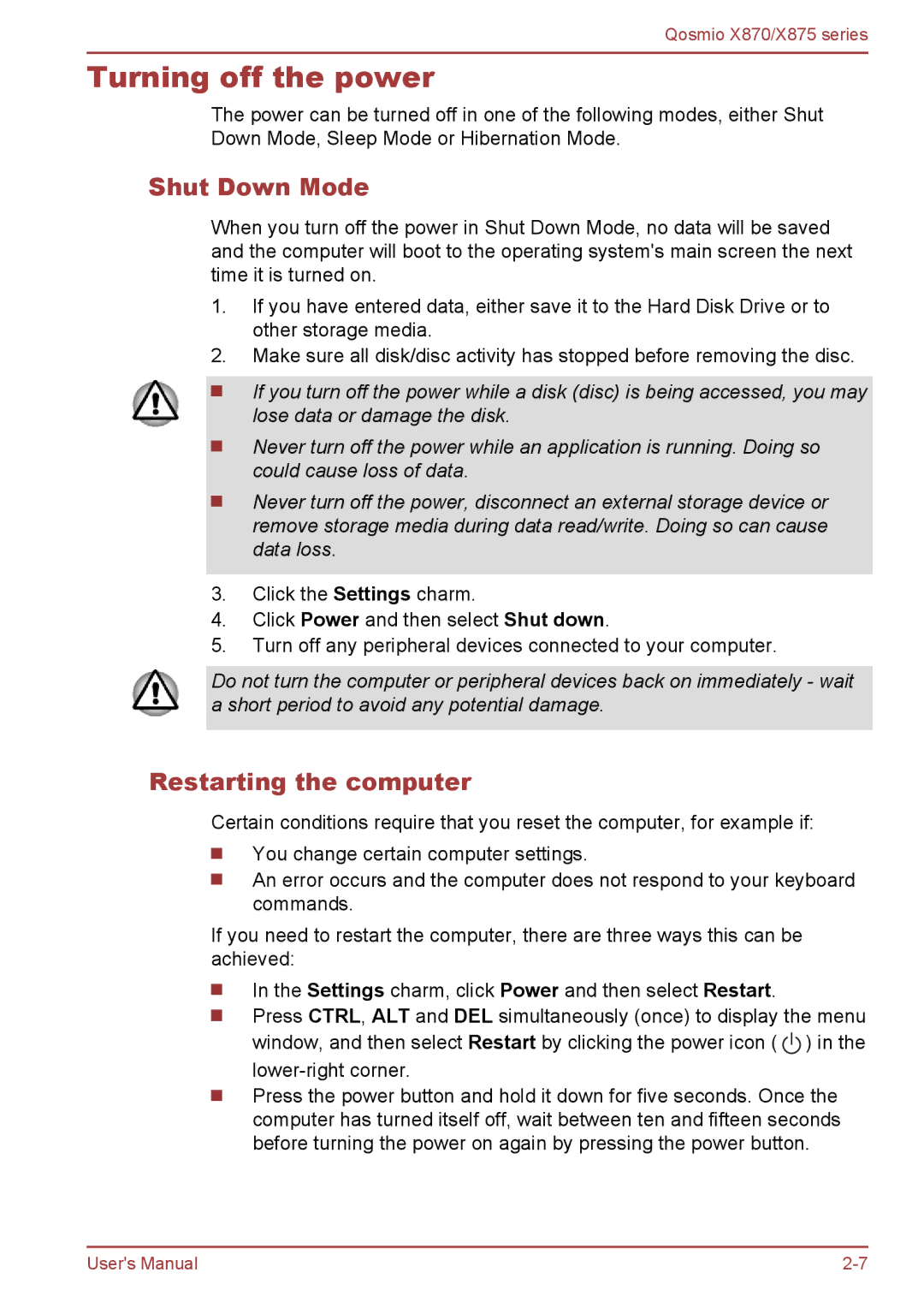 Toshiba X870, X875 user manual Turning off the power, Shut Down Mode, Restarting the computer 