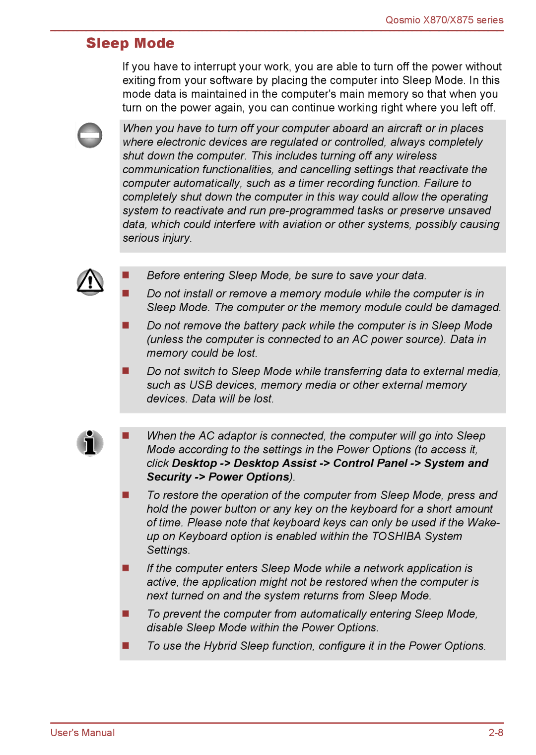 Toshiba X875, X870 user manual Sleep Mode 