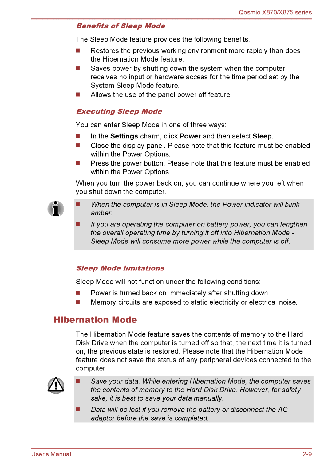 Toshiba X870, X875 user manual Hibernation Mode, Benefits of Sleep Mode, Executing Sleep Mode, Sleep Mode limitations 