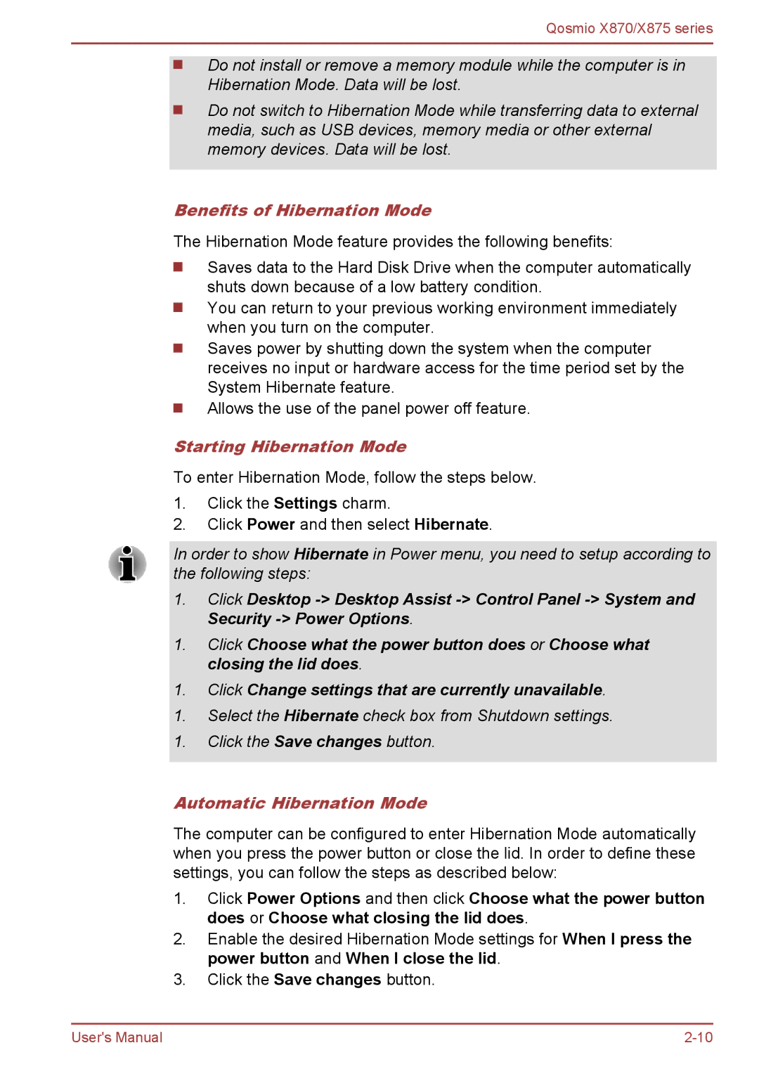 Toshiba X875, X870 user manual Benefits of Hibernation Mode, Starting Hibernation Mode, Automatic Hibernation Mode 