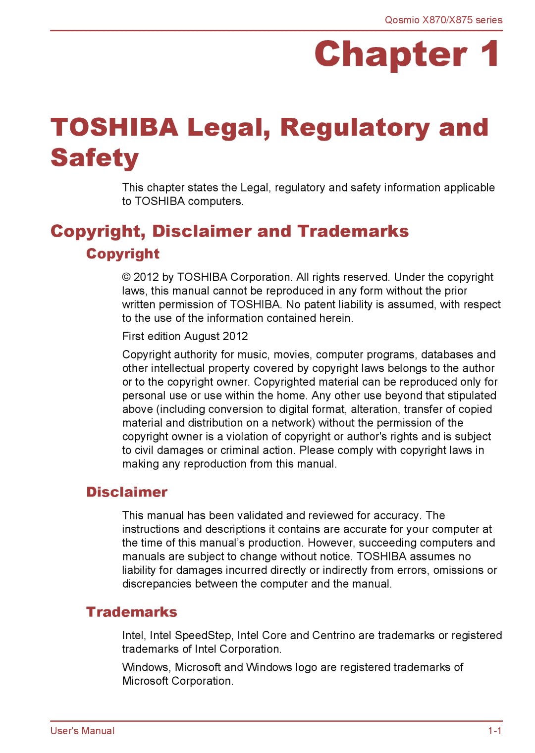 Toshiba X875, X870 user manual Copyright, Disclaimer and Trademarks 