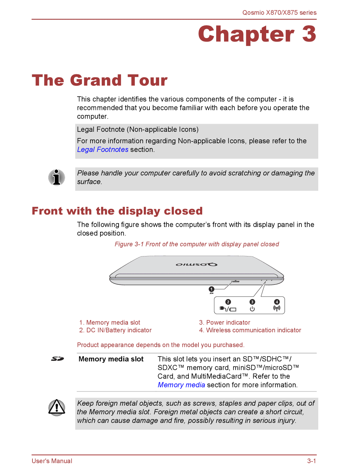 Toshiba X875, X870 user manual Grand Tour, Front with the display closed 