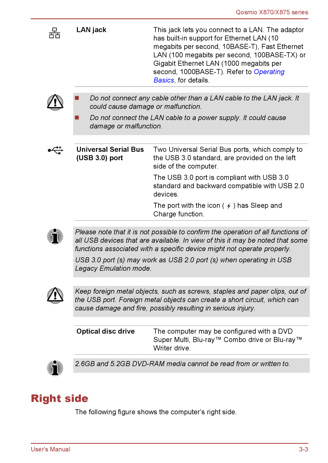 Toshiba X875, X870 user manual Right side, LAN jack 