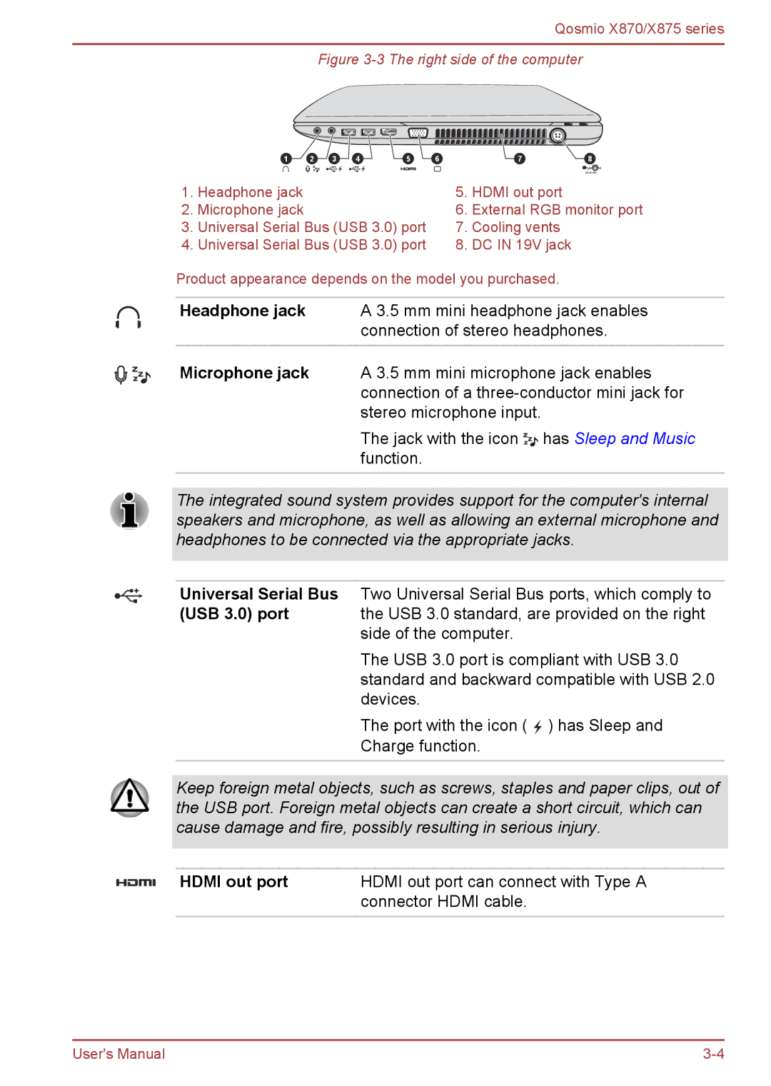 Toshiba X870, X875 user manual Hdmi out port, Right side of the computer 