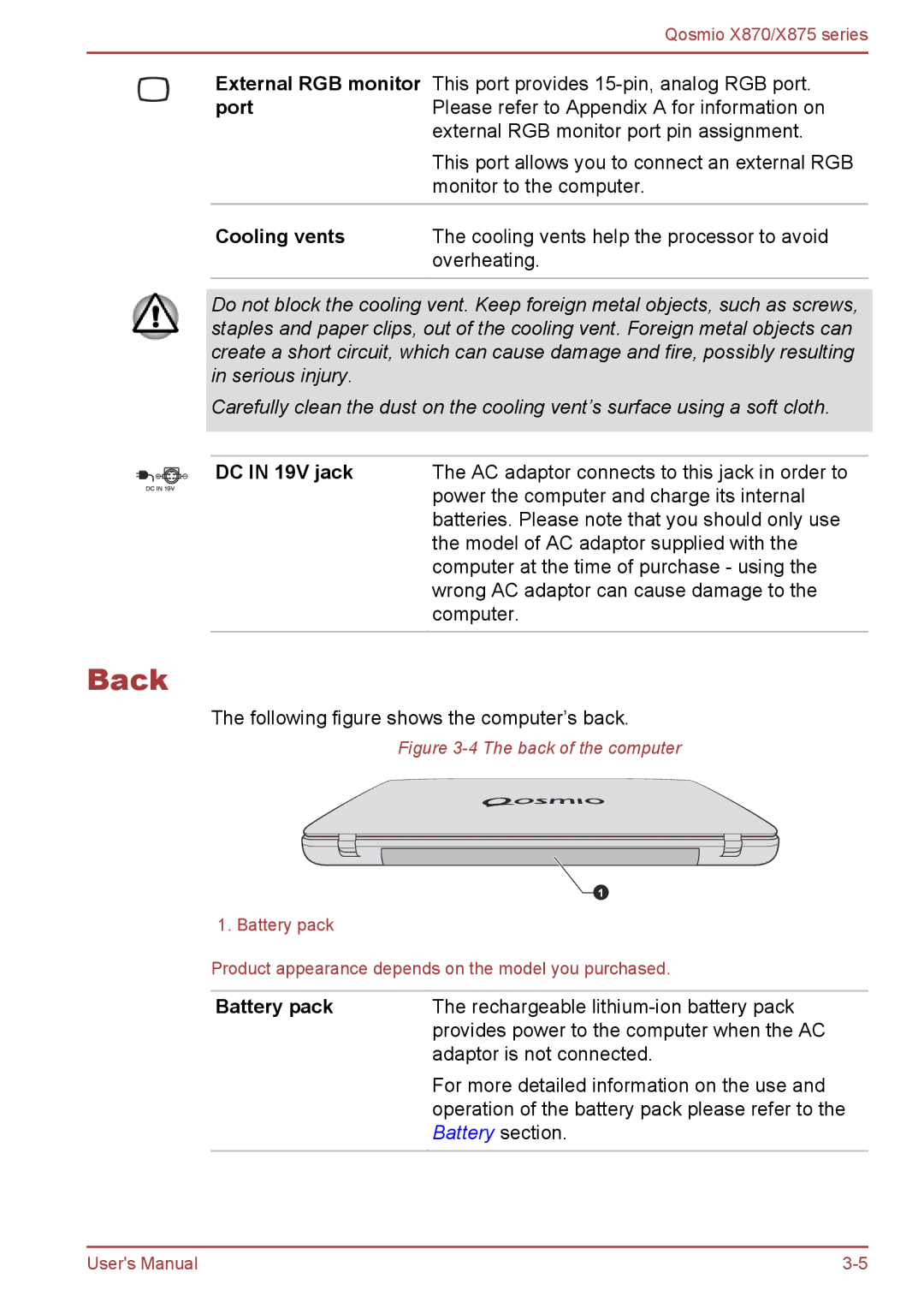 Toshiba X875, X870 user manual Back, Cooling vents, DC in 19V jack, Battery pack 