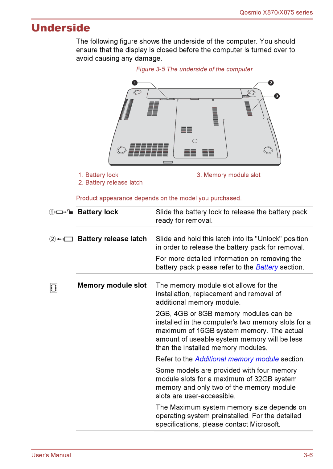 Toshiba X870, X875 user manual Underside, Battery lock 