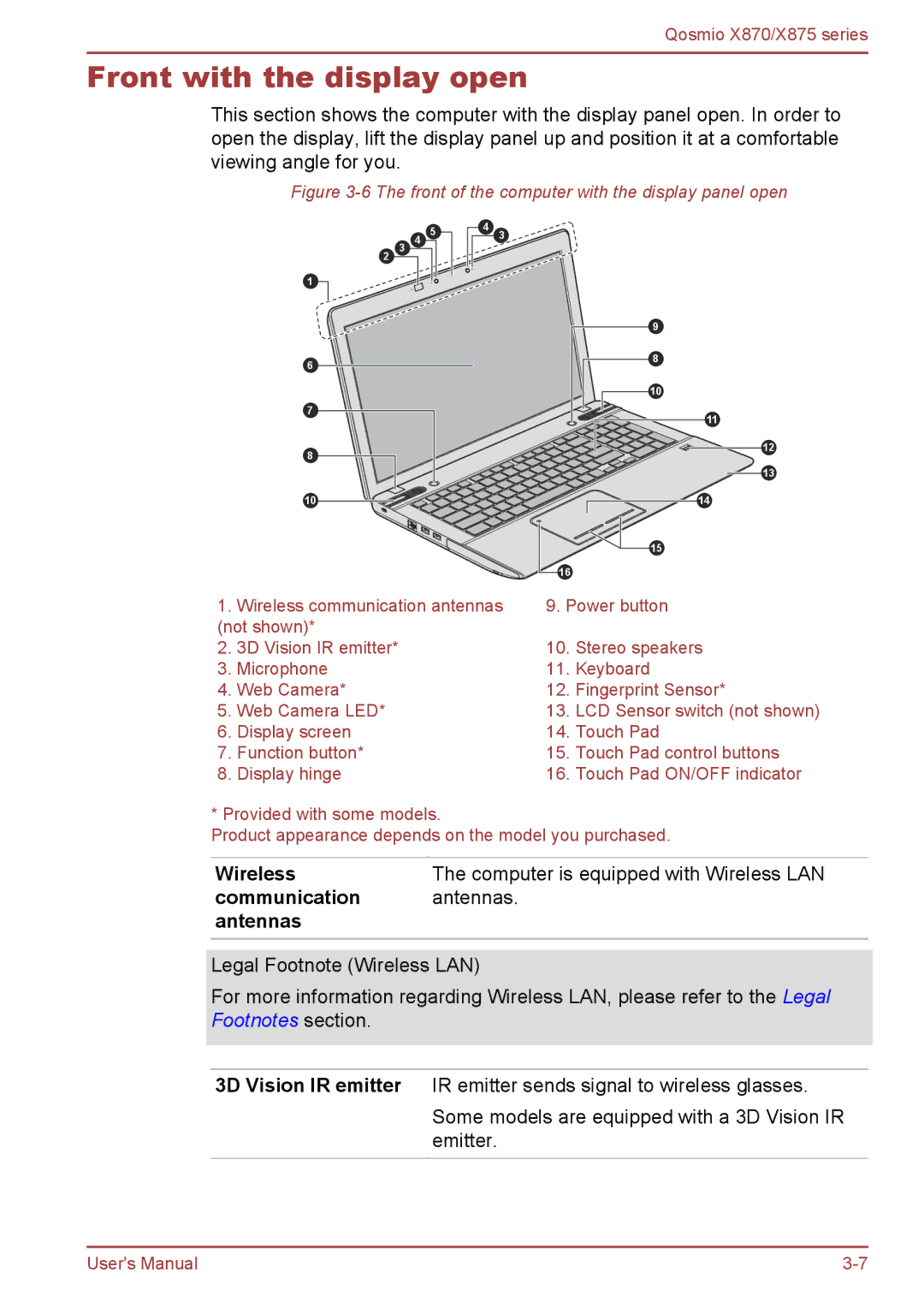 Toshiba X875, X870 user manual Front with the display open, Front of the computer with the display panel open 