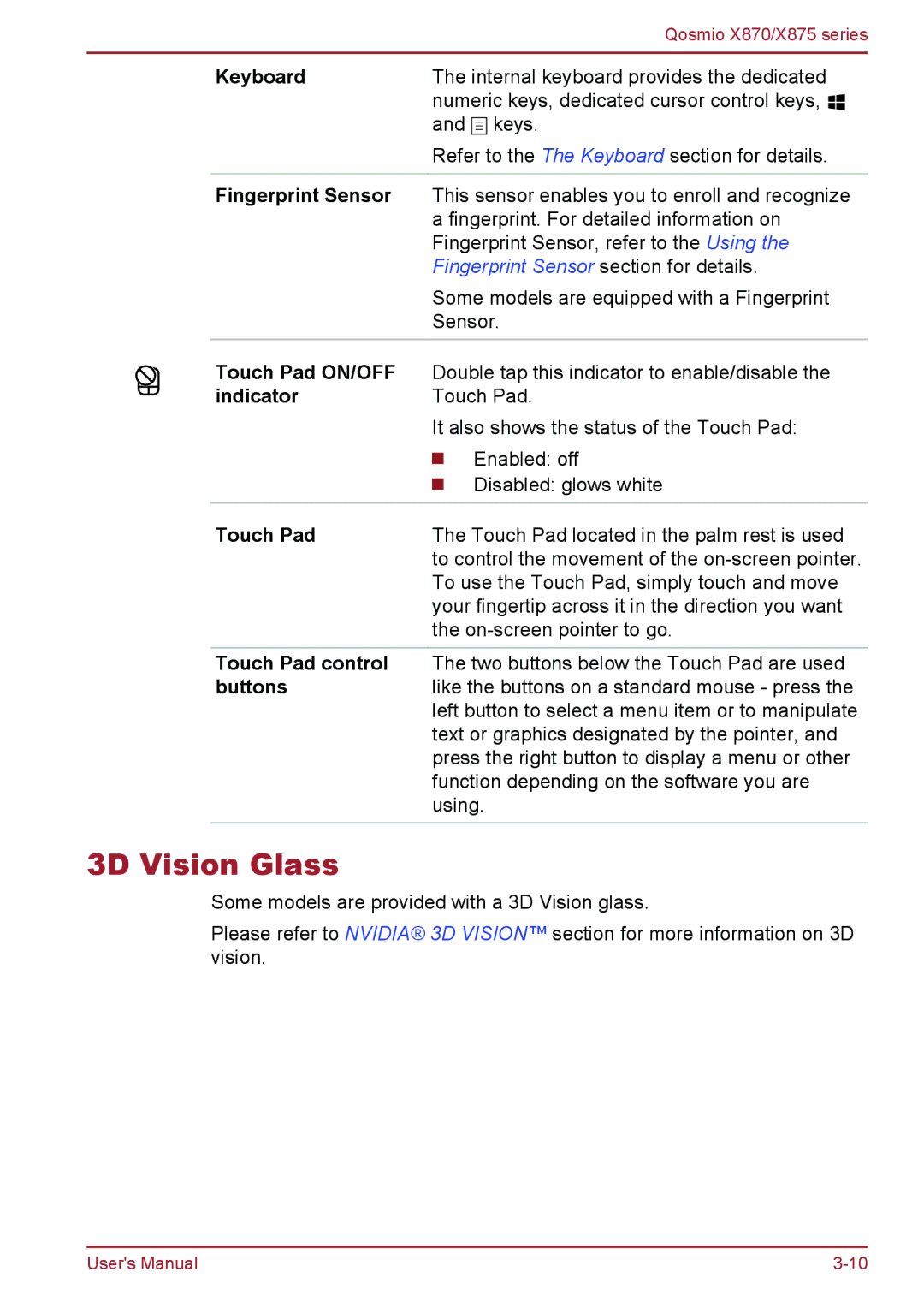 Toshiba X870, X875 user manual 3D Vision Glass 