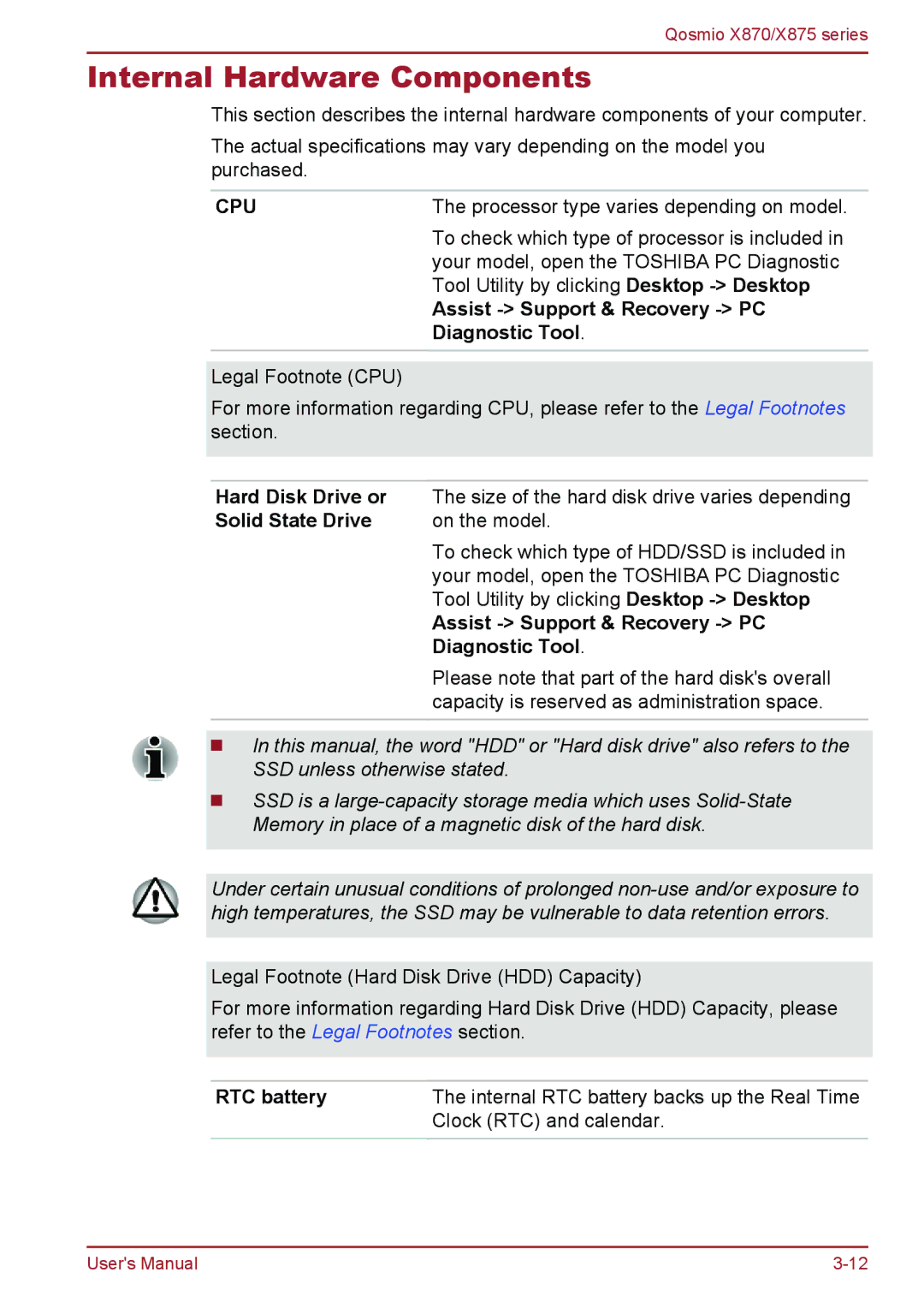 Toshiba X870, X875 user manual Internal Hardware Components 