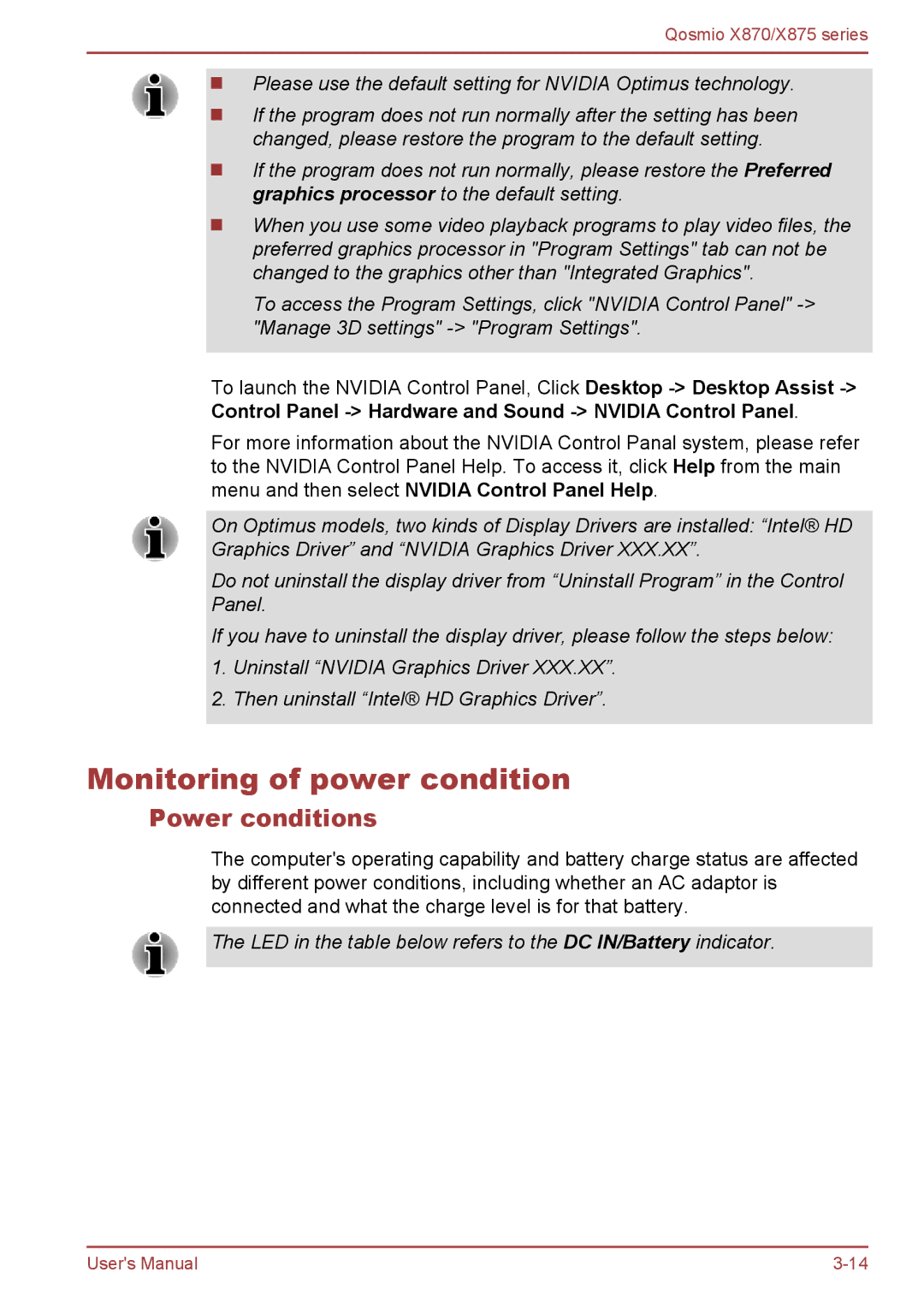 Toshiba X870, X875 user manual Monitoring of power condition, Power conditions 