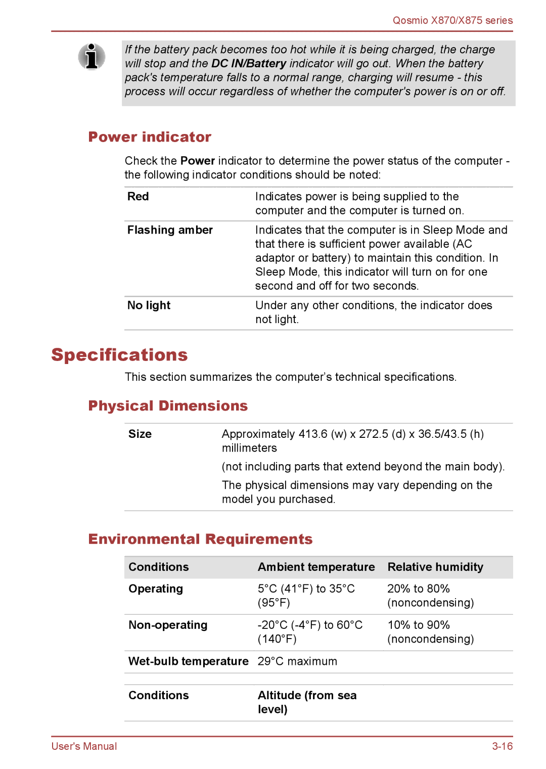 Toshiba X870, X875 user manual Specifications, Power indicator, Physical Dimensions, Environmental Requirements 