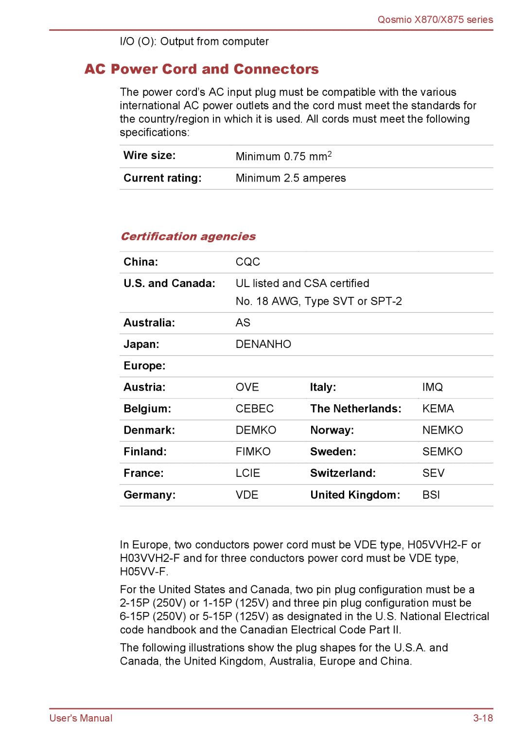 Toshiba X870, X875 user manual AC Power Cord and Connectors, Certification agencies 