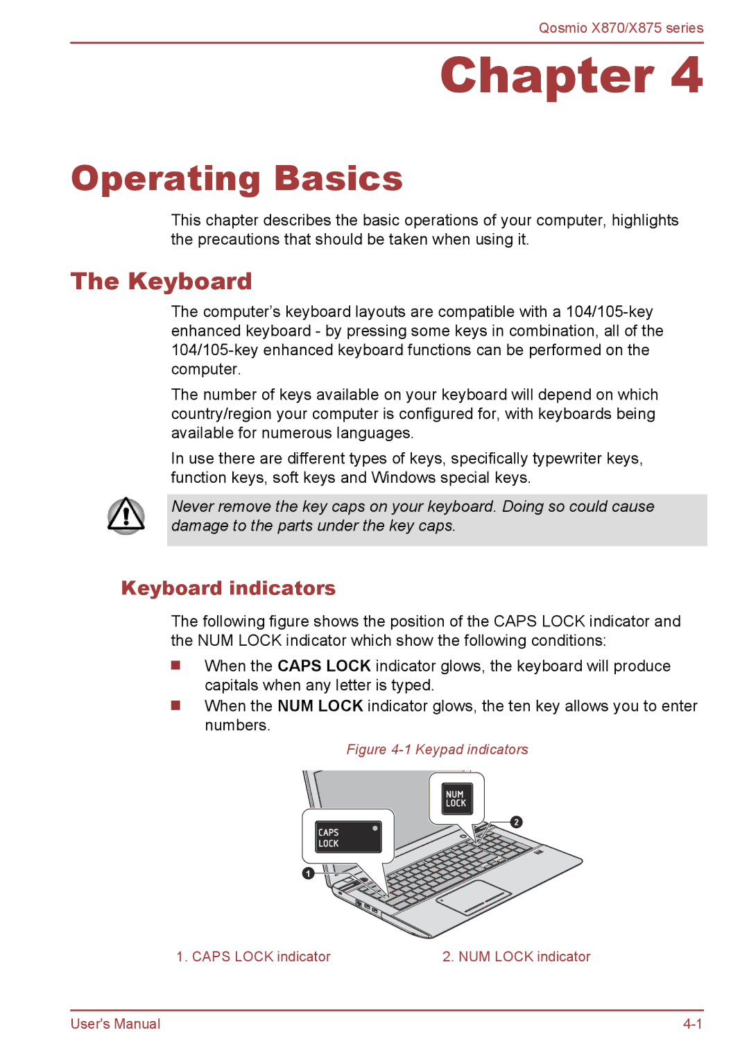 Toshiba X870, X875 user manual Keyboard indicators 