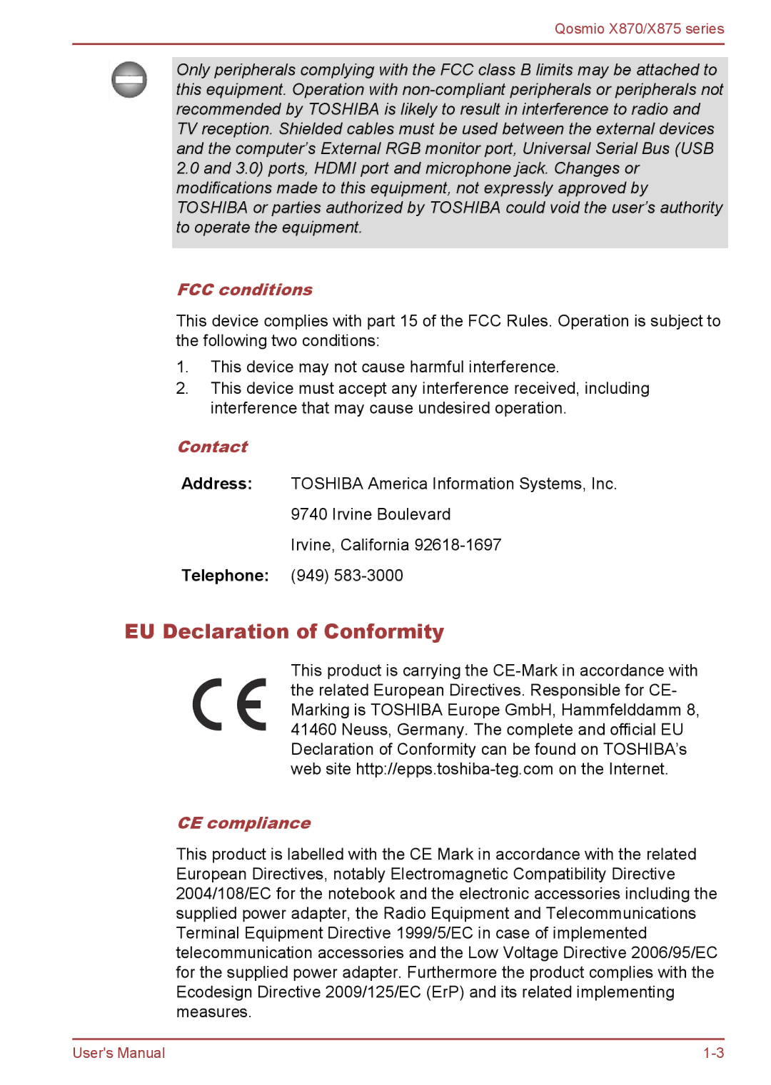 Toshiba X875, X870 user manual EU Declaration of Conformity, FCC conditions, Contact, CE compliance 