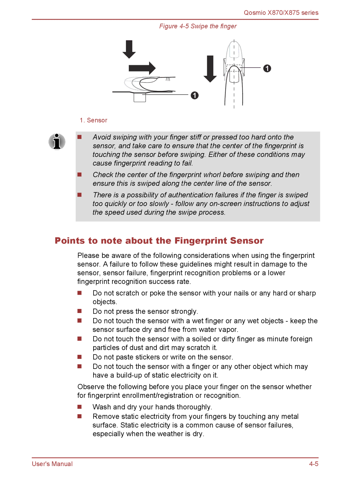 Toshiba X870, X875 user manual Points to note about the Fingerprint Sensor, Swipe the finger 