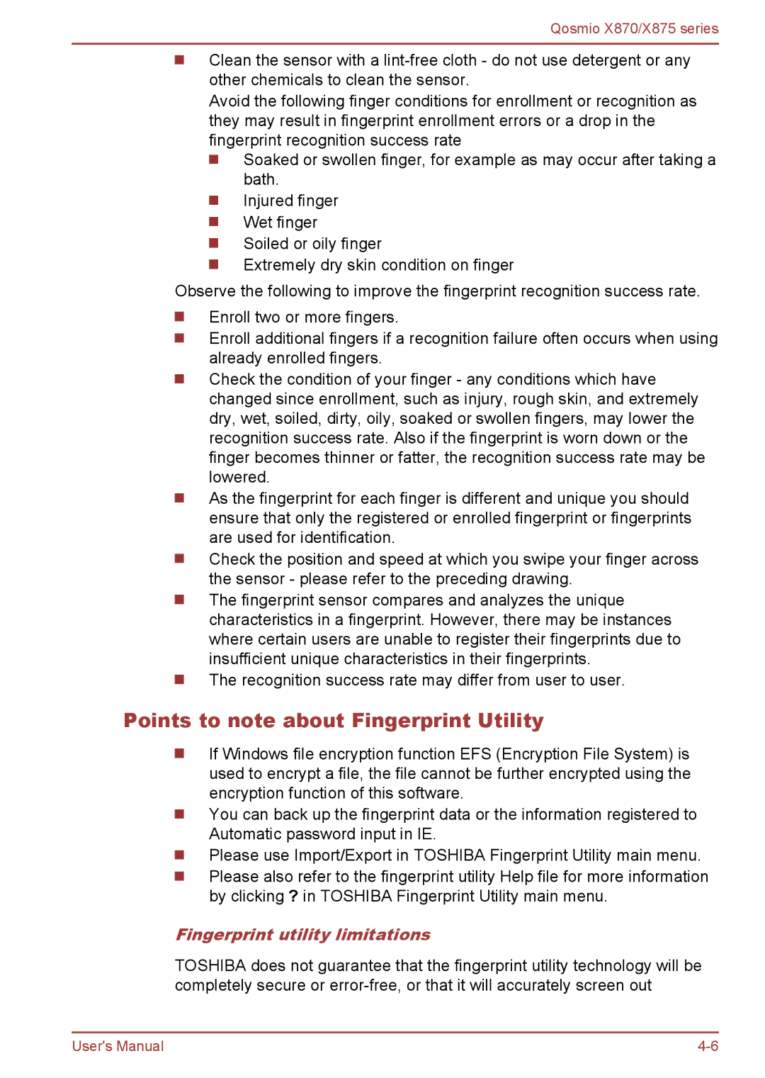 Toshiba X875, X870 user manual Points to note about Fingerprint Utility, Fingerprint utility limitations 