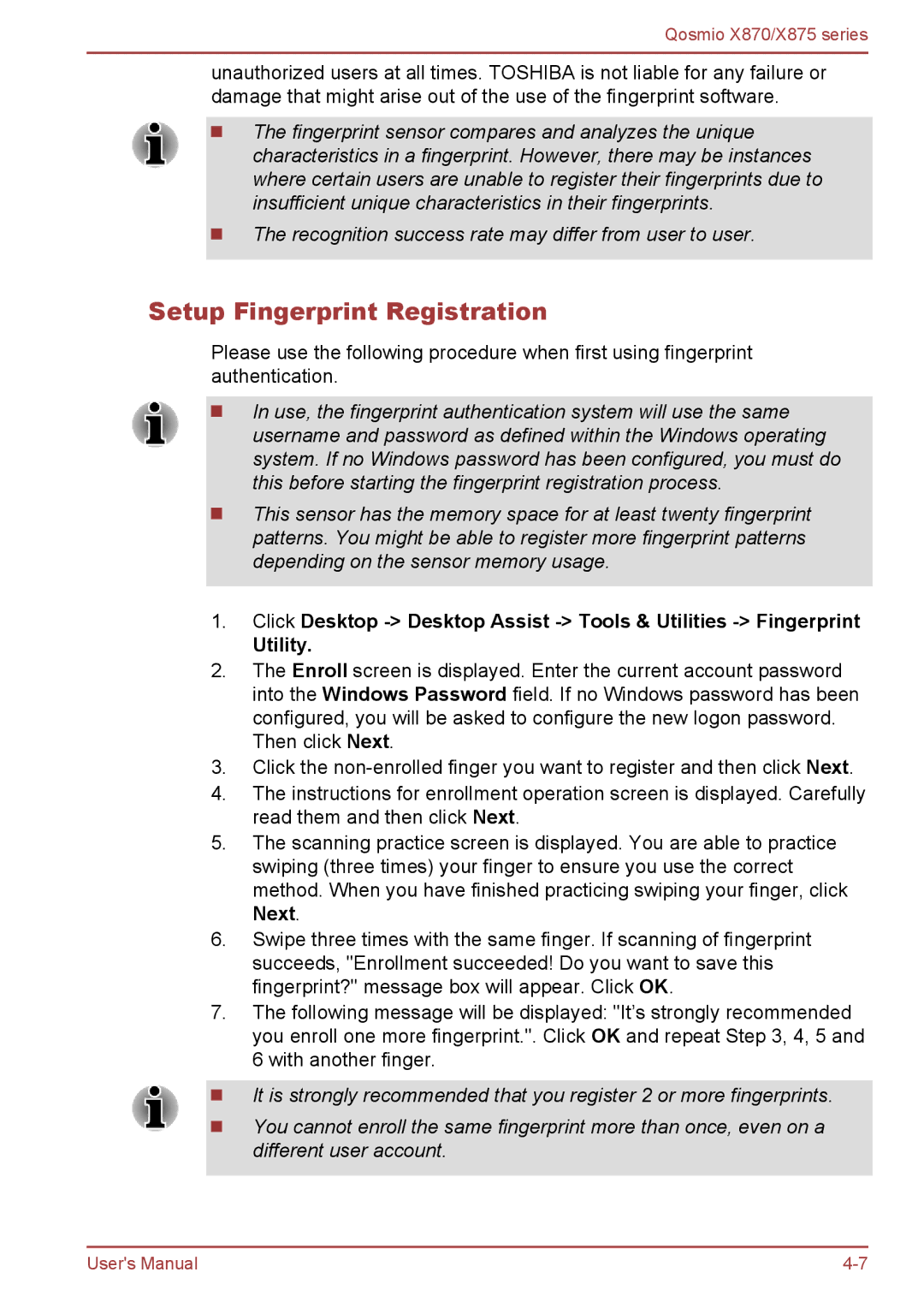 Toshiba X870, X875 user manual Setup Fingerprint Registration 