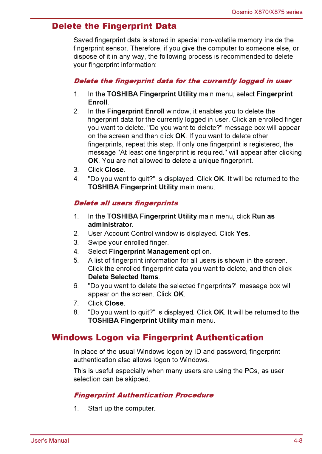 Toshiba X875 Delete the Fingerprint Data, Windows Logon via Fingerprint Authentication, Delete all users fingerprints 