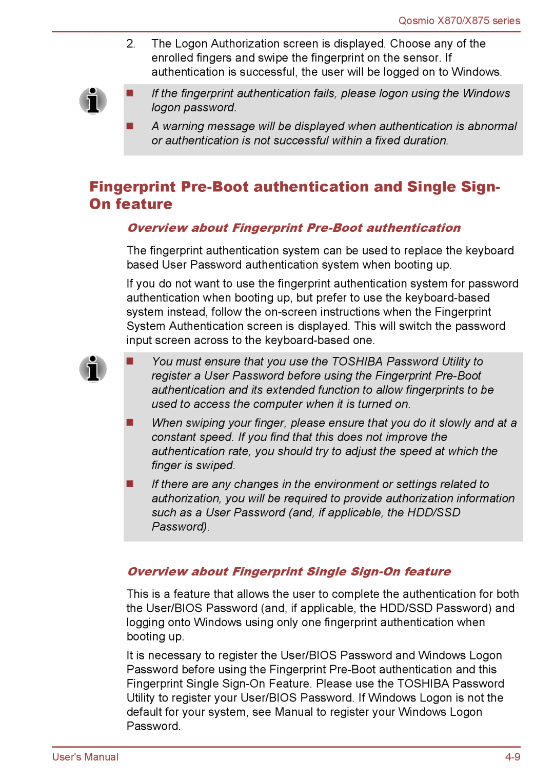 Toshiba X870, X875 Overview about Fingerprint Pre-Boot authentication, Overview about Fingerprint Single Sign-On feature 