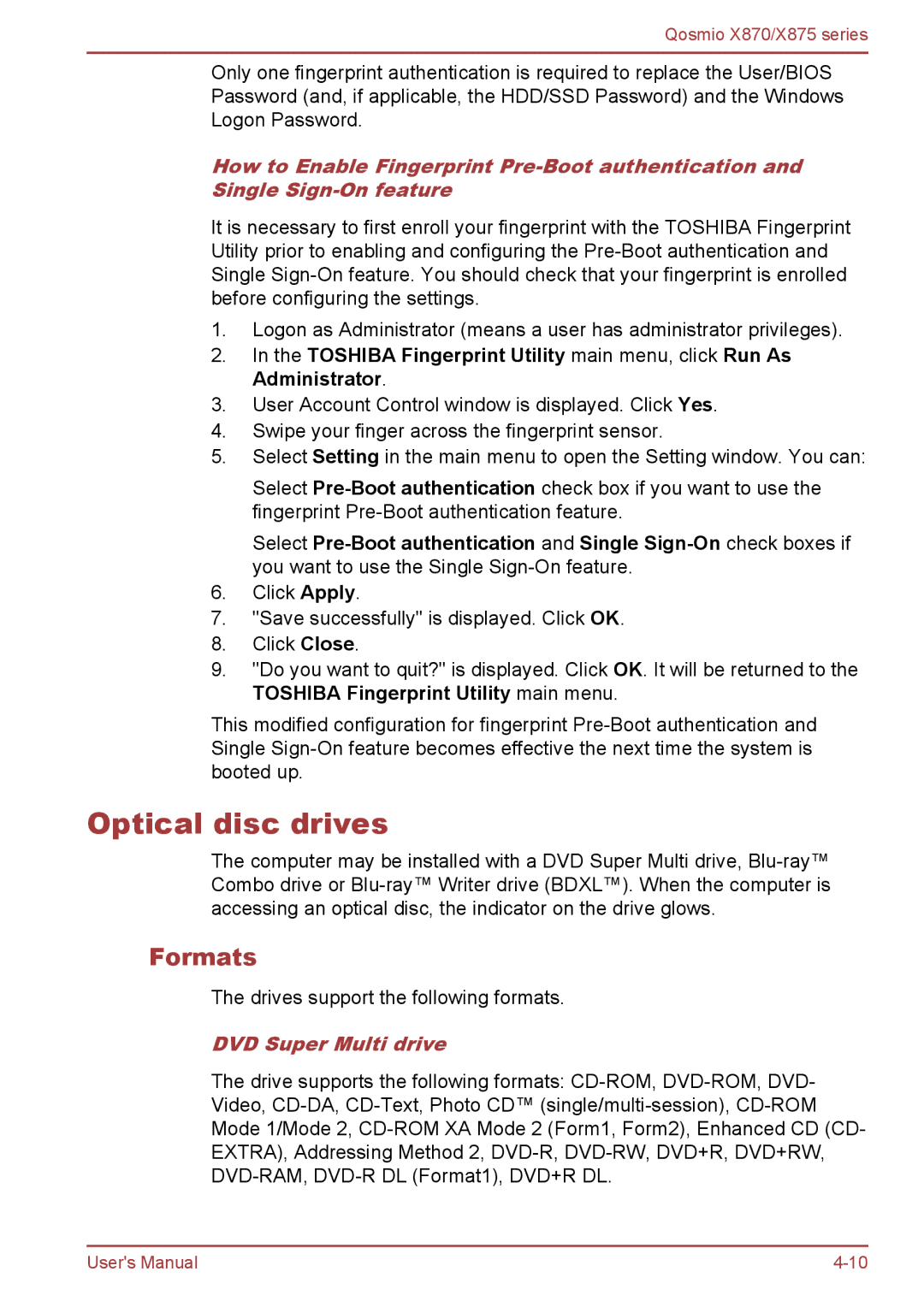 Toshiba X875, X870 user manual Optical disc drives, Formats, DVD Super Multi drive 