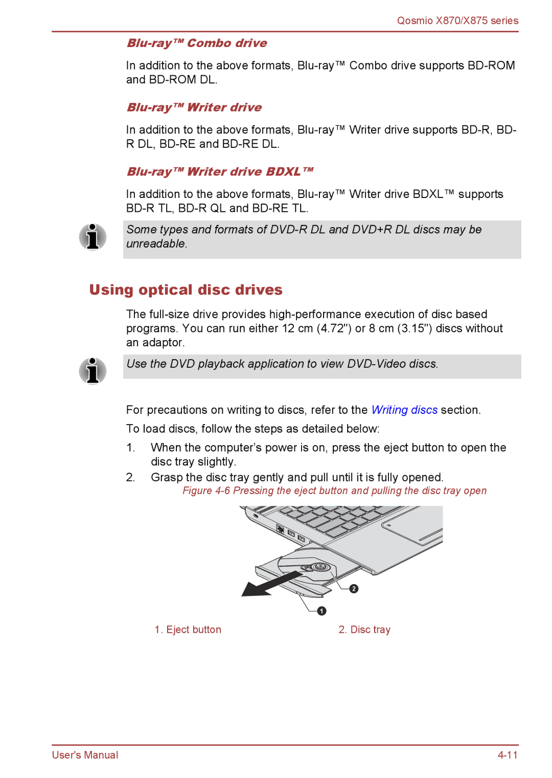 Toshiba X870, X875 user manual Using optical disc drives, Blu-ray Combo drive, Blu-ray Writer drive Bdxl 