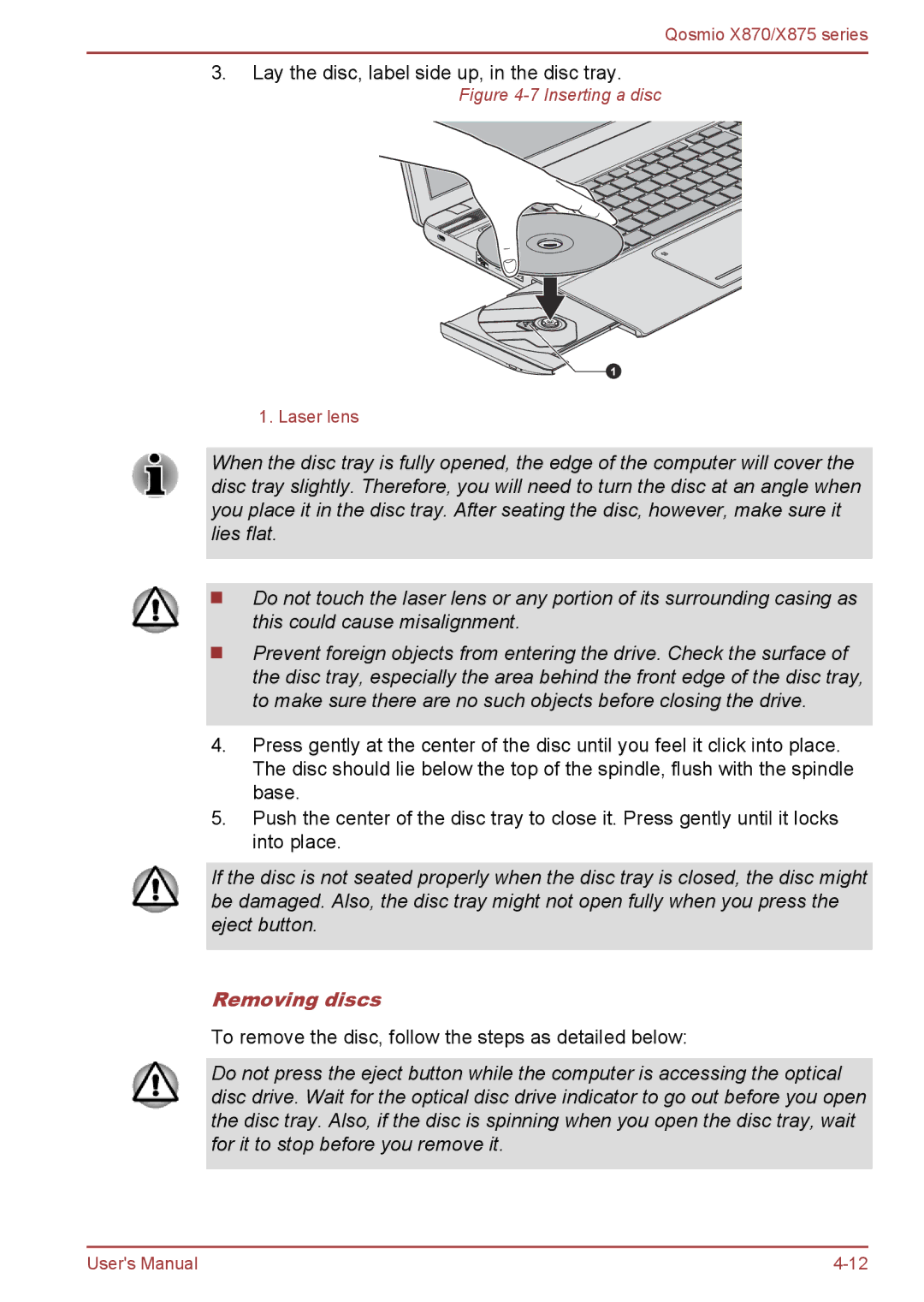 Toshiba X875, X870 user manual Removing discs, Inserting a disc 