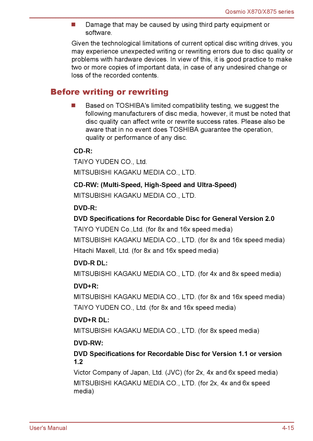 Toshiba X870, X875 user manual Before writing or rewriting, CD-RW Multi-Speed, High-Speed and Ultra-Speed 