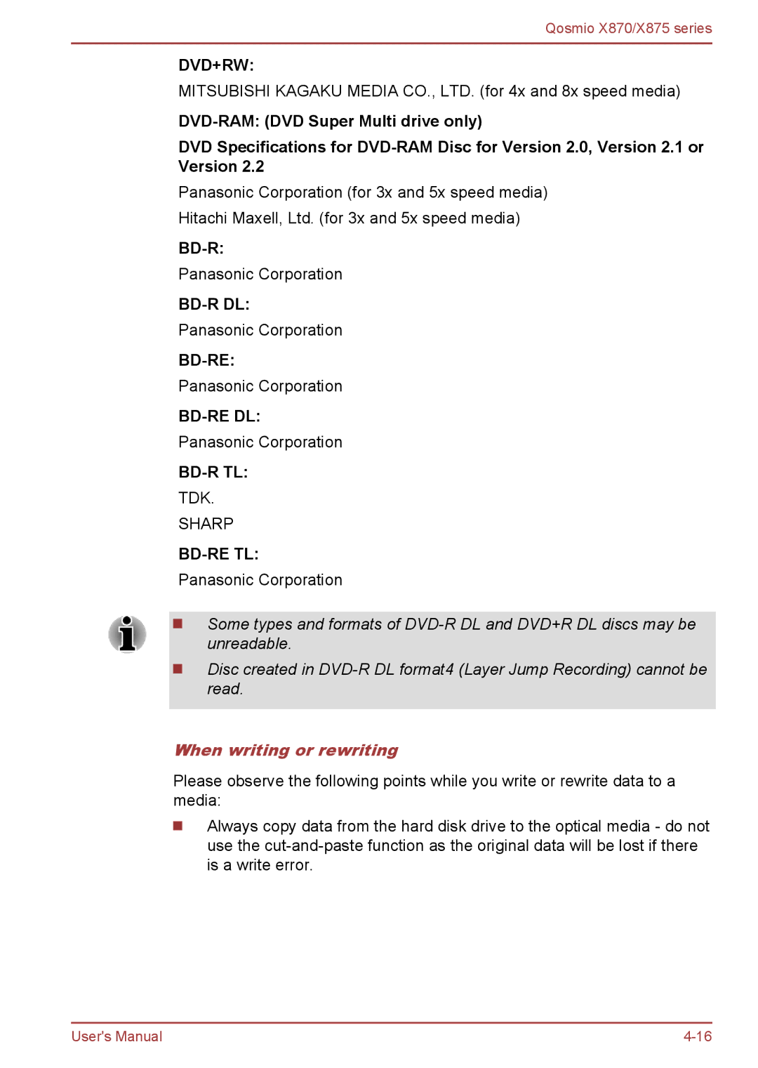 Toshiba X875, X870 user manual Dvd+Rw, When writing or rewriting 